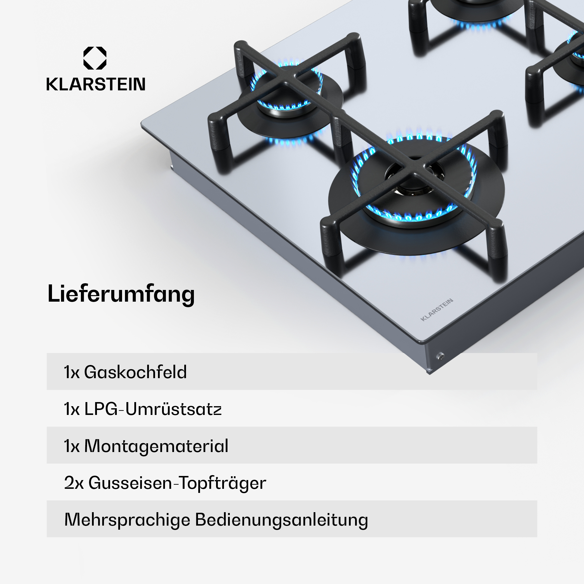 Gaskochfeld mit vier Brennern und silberner Oberfläche.
