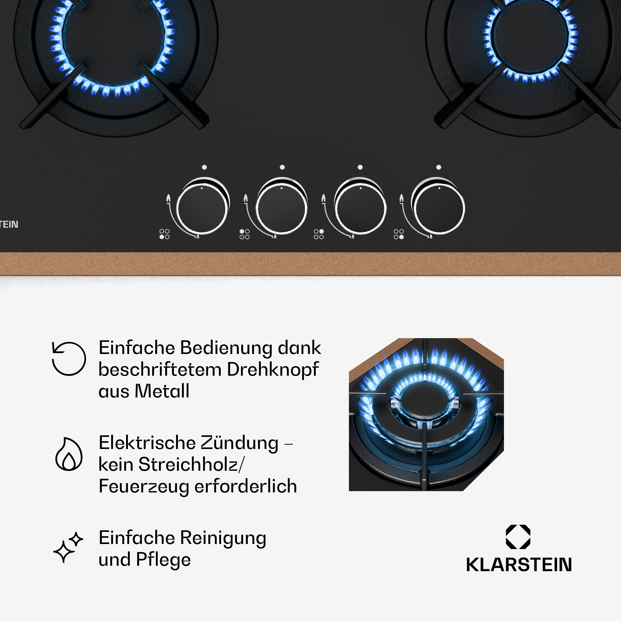 Schwarzes Kochfeld mit vier Brennern, Bedienknöpfen und blauen Flammen.