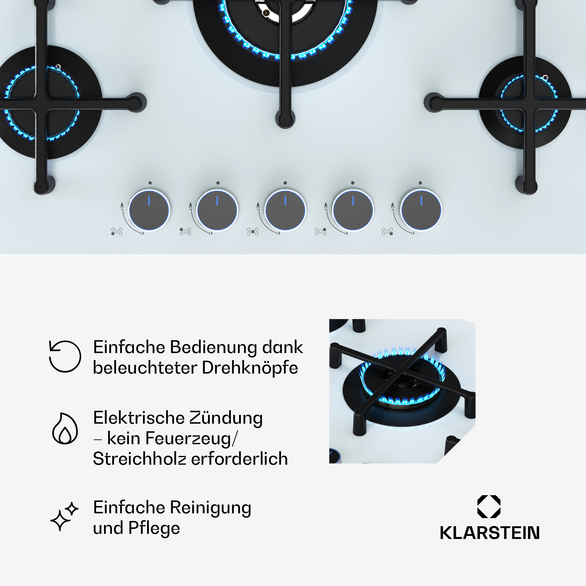 Weißer Gasherd mit blauen Flammen. Knöpfe und Text über einfache Bedienung und Reinigung.