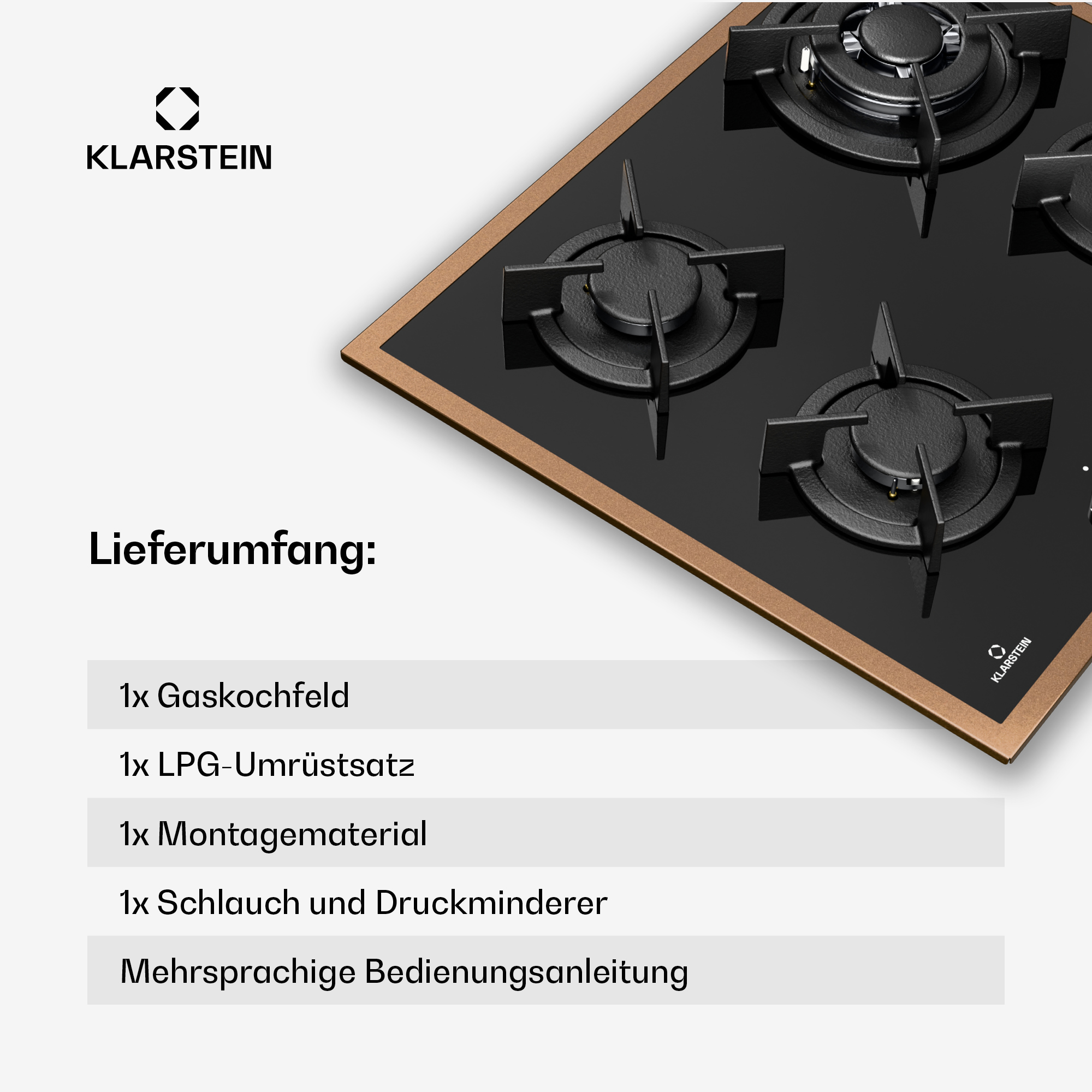 Ein Gasherd mit vier Brennern, schwarzer Oberfläche und kupferfarbenem Rahmen. Das Klarstein-Logo ist vorhanden.