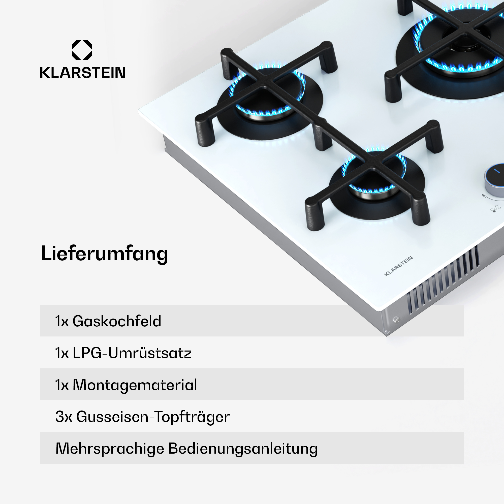 Nahaufnahme eines Gasherds mit drei Brennern. Weiße Oberfläche und schwarze Brenner. Klarstein-Logo sichtbar.