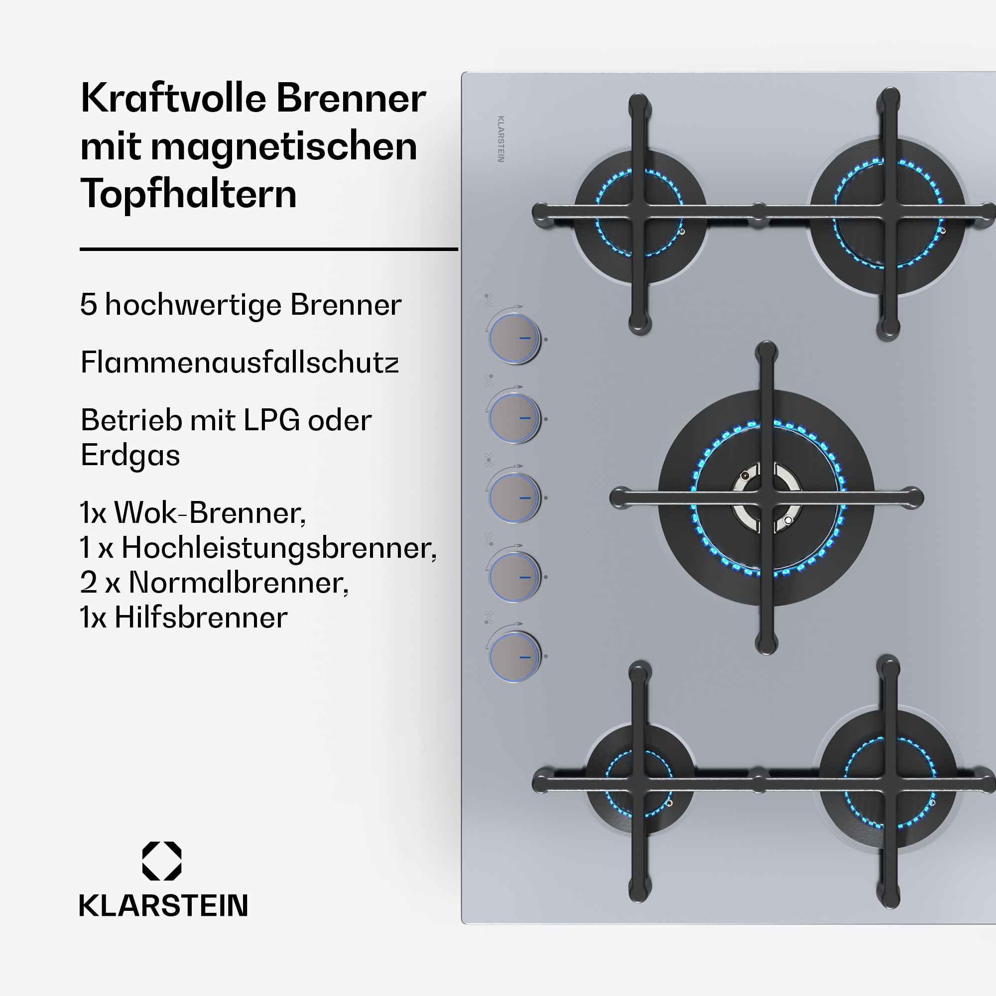 Gaskochfeld mit vier Brennern und blauen Flammen, mit Text über seine Funktionen auf grauer Oberfläche.