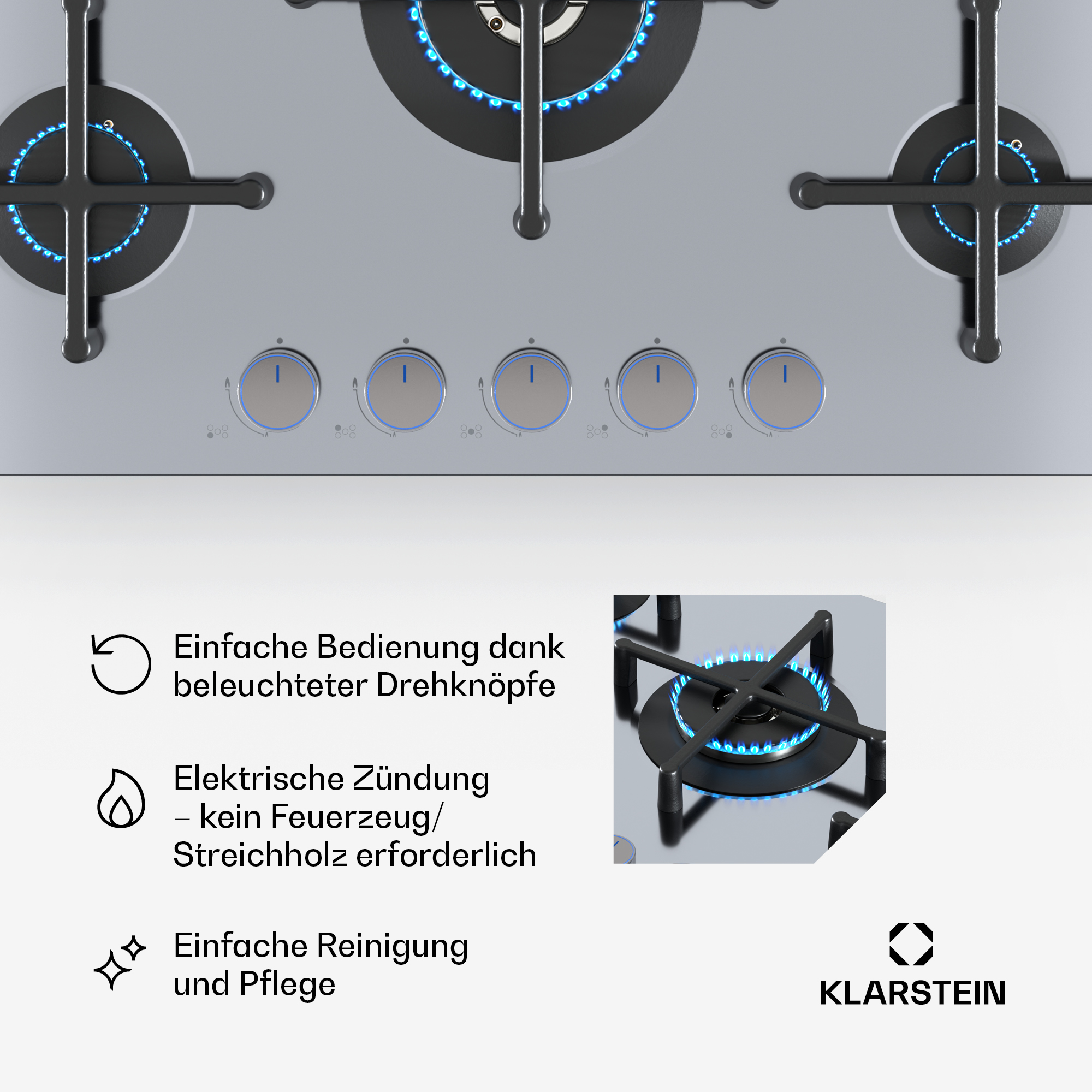 Gasherd mit blauen Flammen, beleuchteten Knöpfen und einfachen Reinigungsfunktionen.
