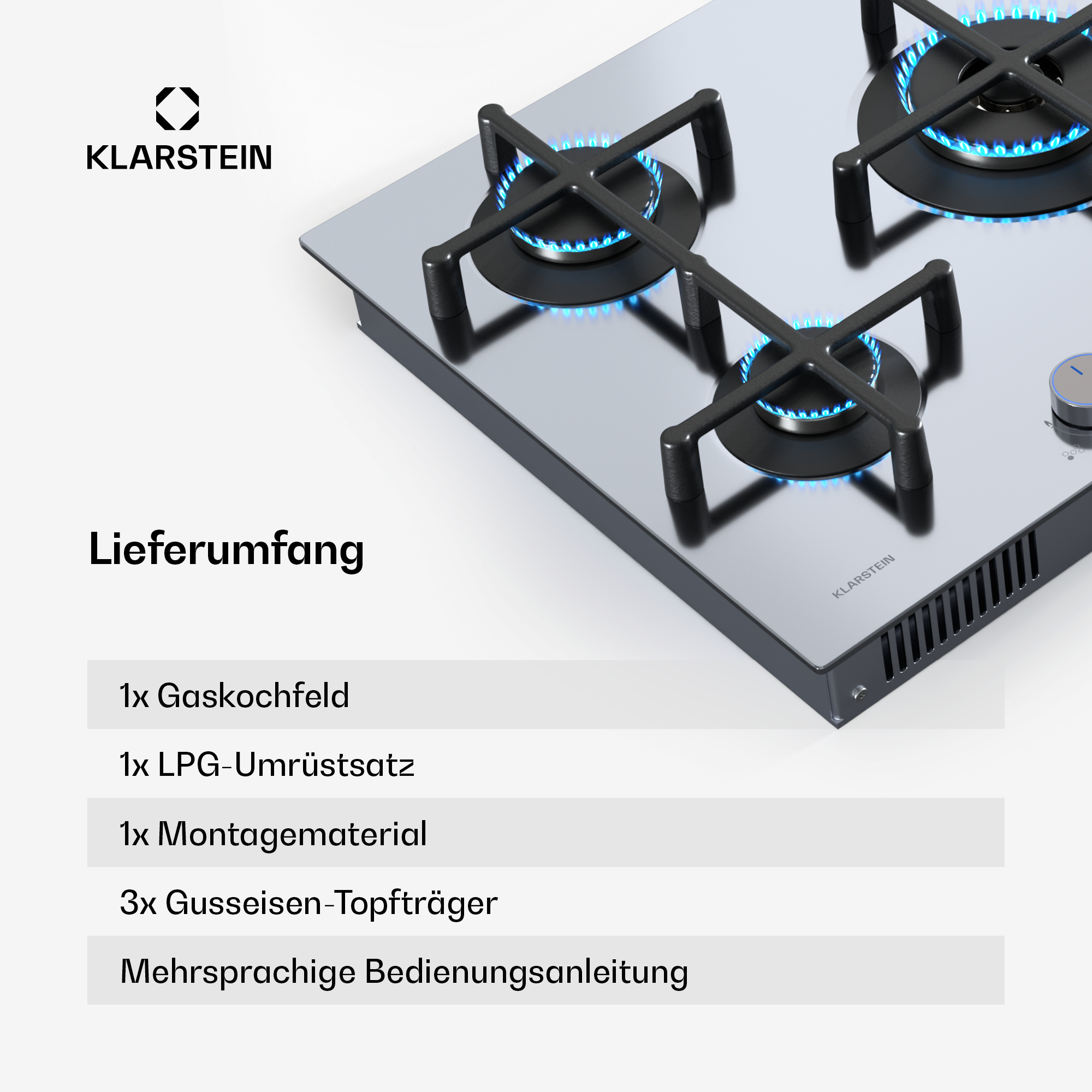 Silbernes Gaskochfeld mit drei Brennern und schwarzen Halterungen.