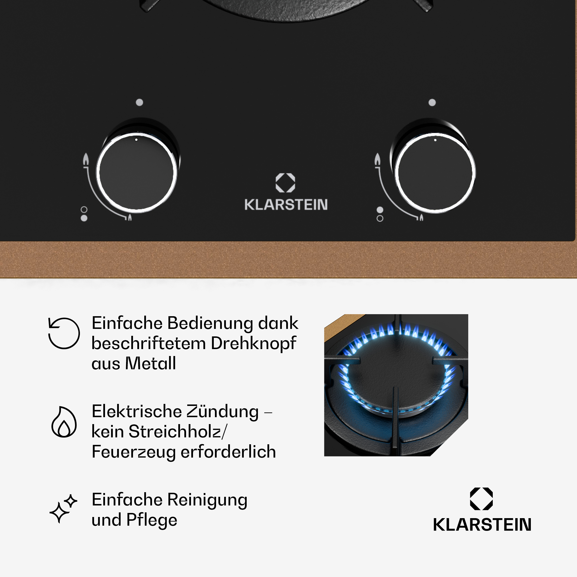 Ein schwarzes Kochfeld mit zwei Knöpfen. Blaue Flammen auf dem rechten Brenner. Klarstein-Logo.