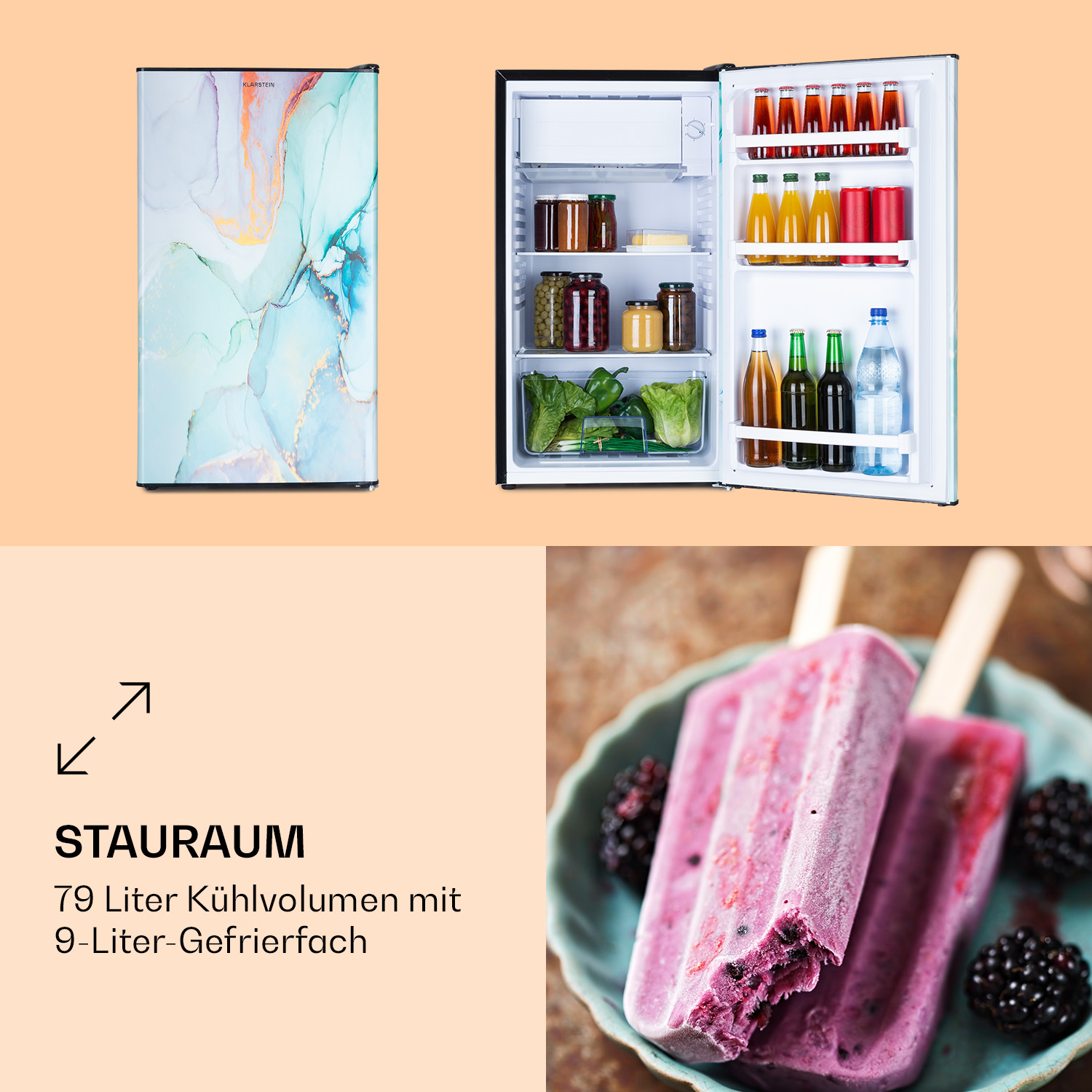 Ein Kühlschrank mit abstrakter Kunst links und ein Gefrierfach. Eis am Stiel unten.