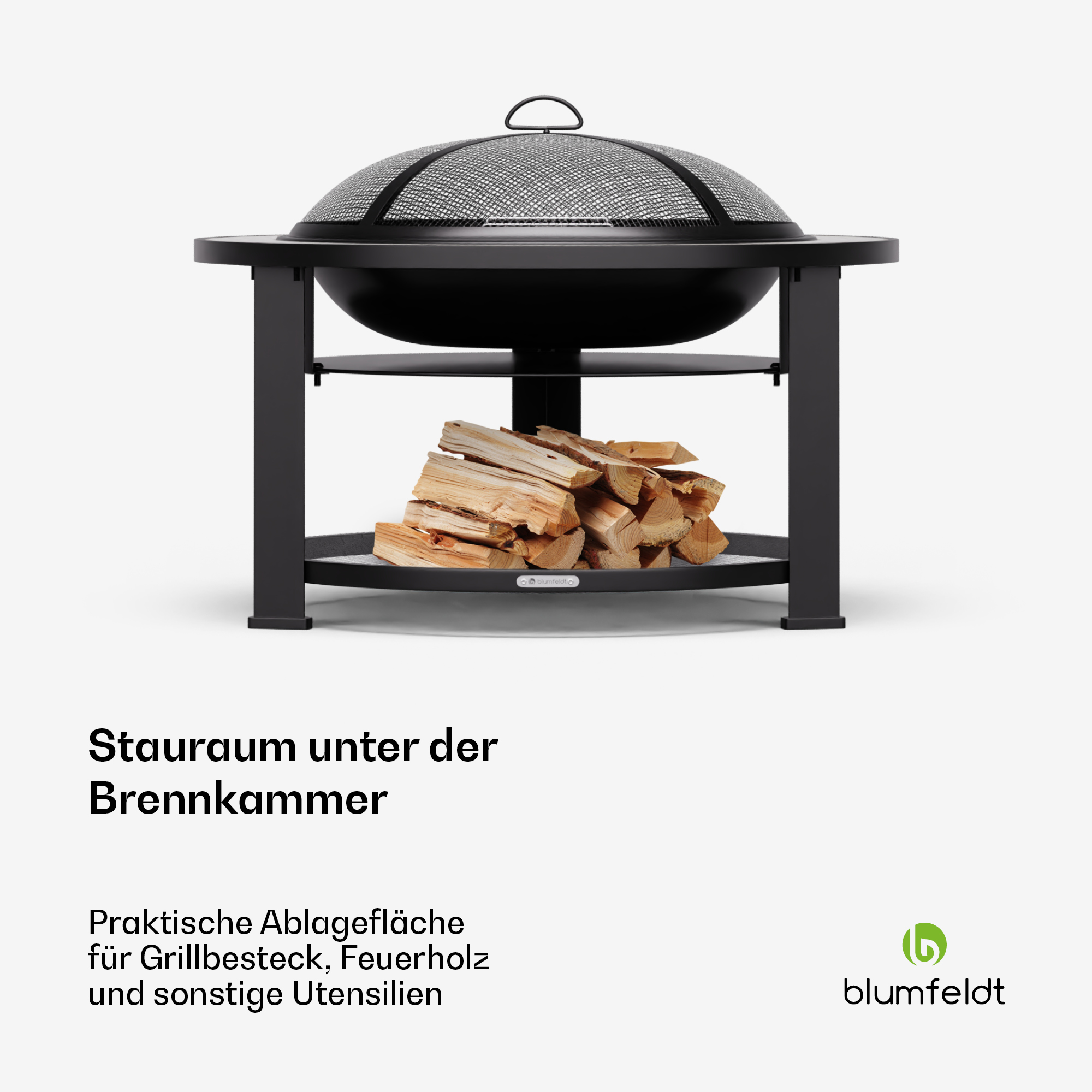 Schwarze Feuerstelle mit Brennholz darunter. Text: Stauraum unter der Brennkammer. Weißer Hintergrund.