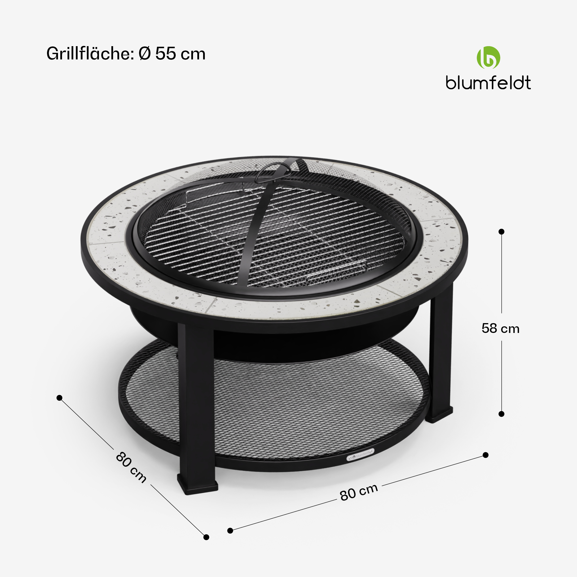 Eine Feuerstelle mit Messungen wird gezeigt. Sie ist schwarz mit weißer Steinkante und Grill.