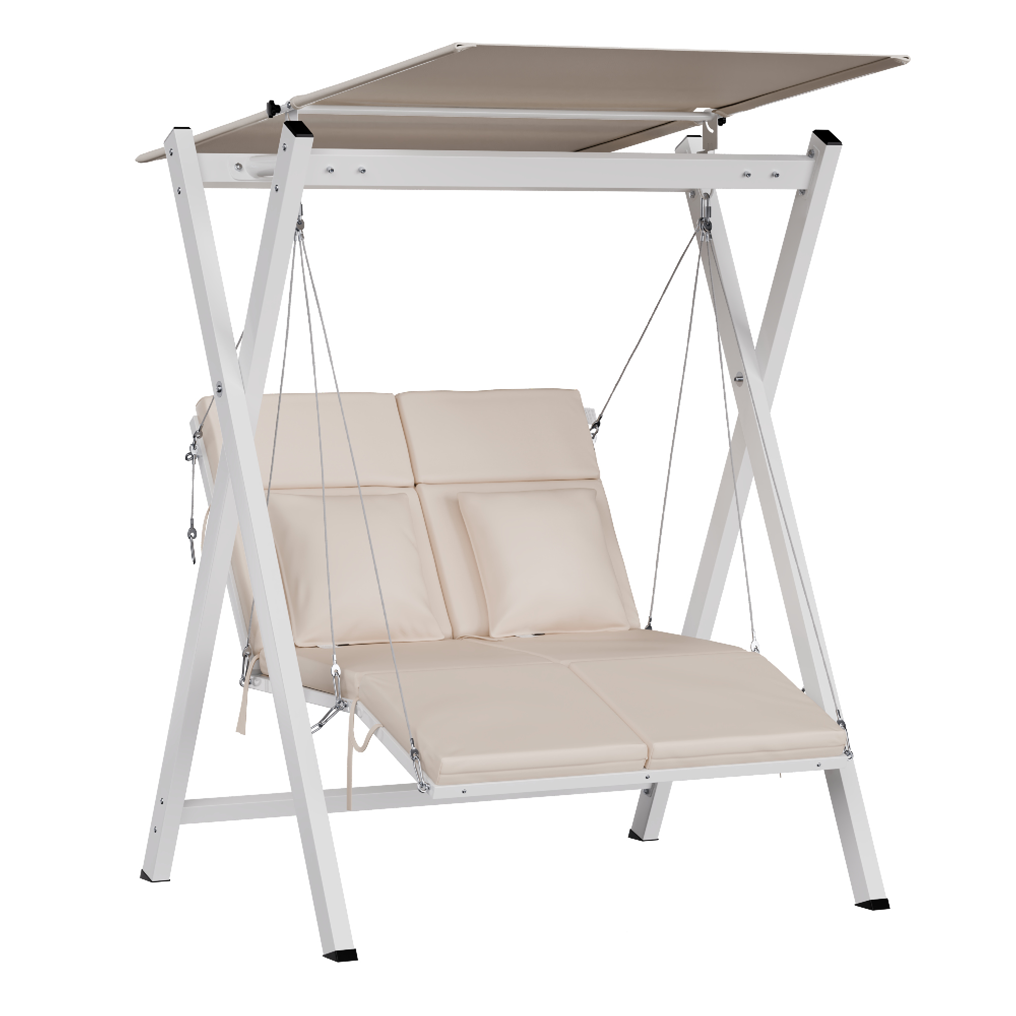 Beige Schaukel mit Sonnendach auf weißem Hintergrund.