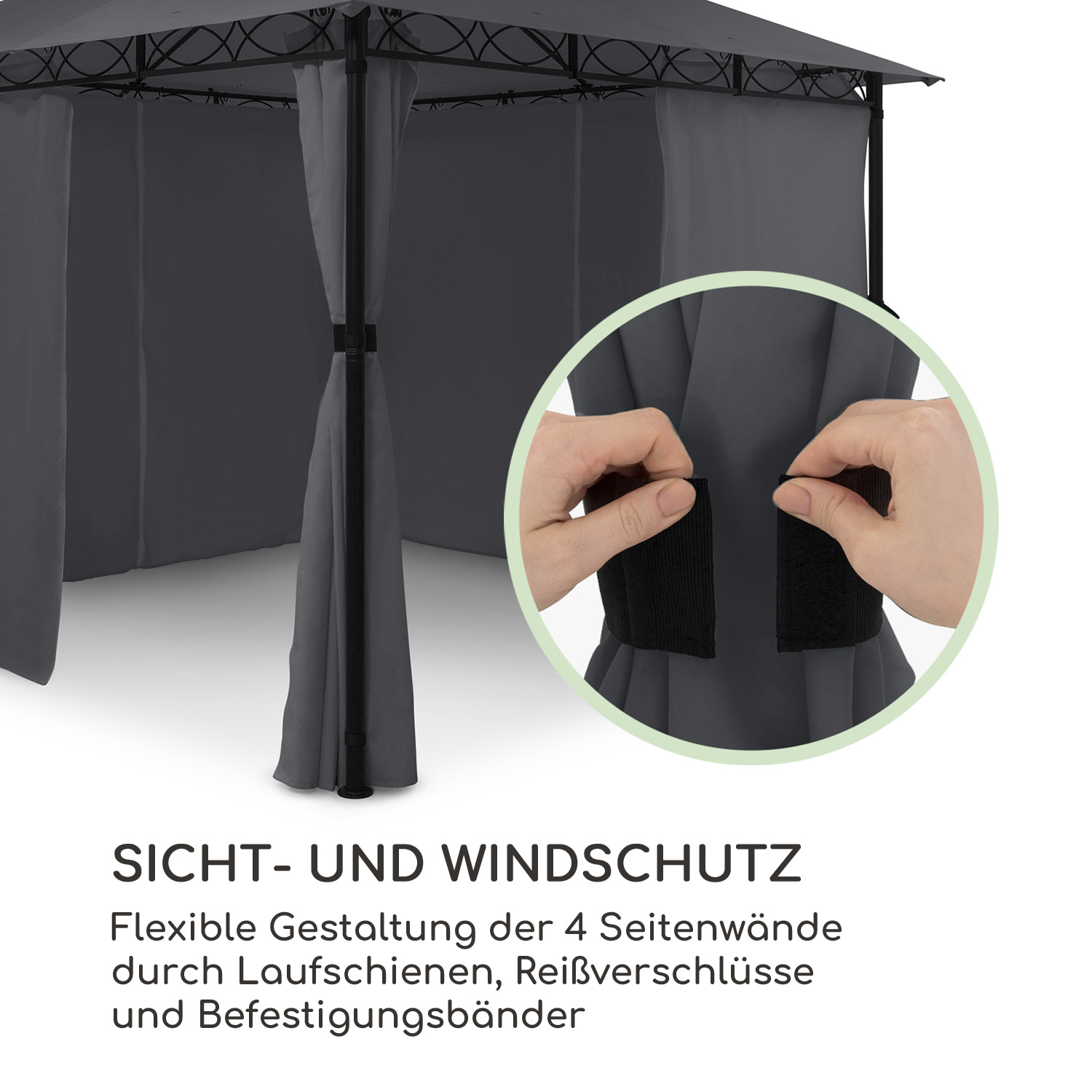Gazebo con testo e mani che mostrano come usare le cinghie in velcro sulle tende.