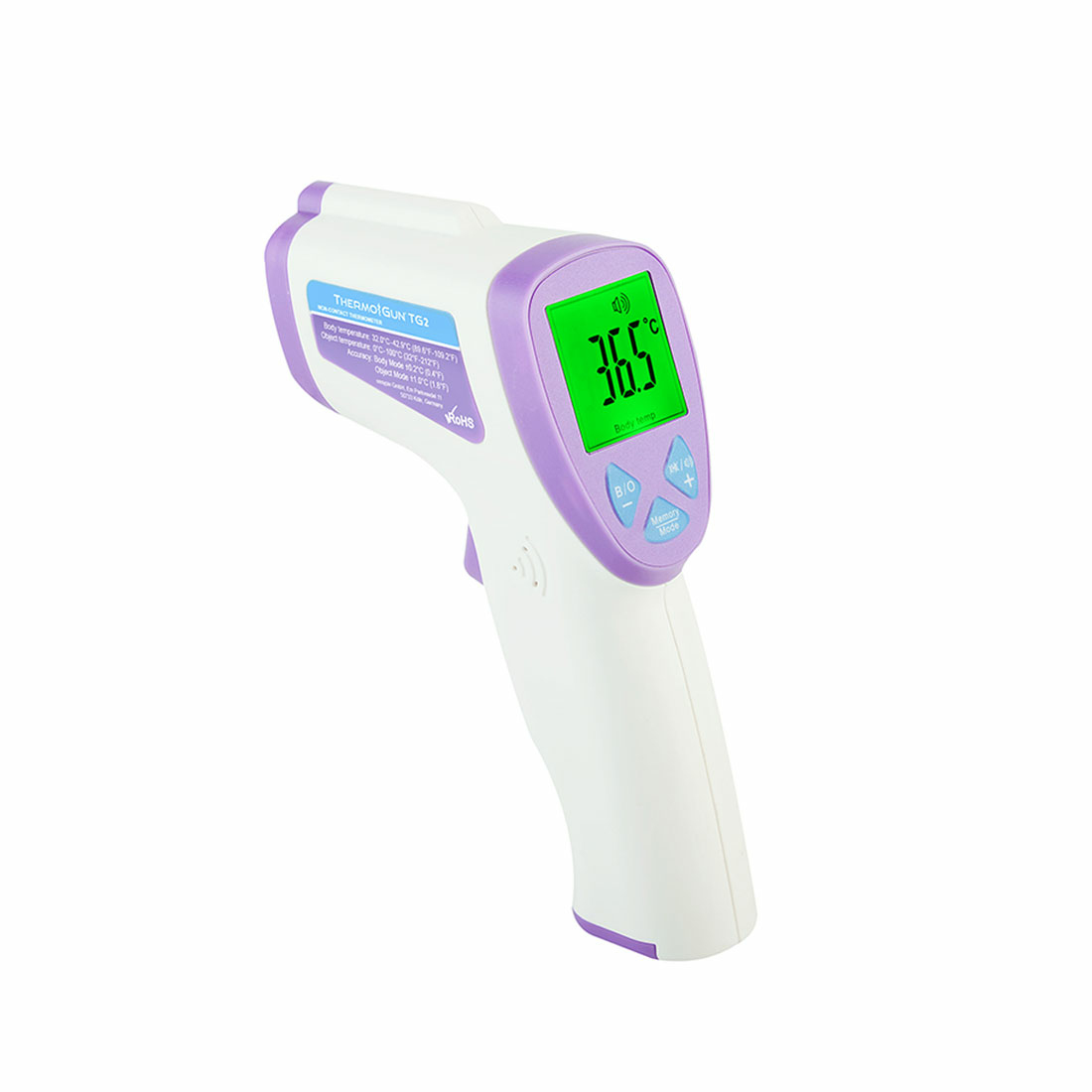 Ein weißes und lila Infrarot-Thermometer zeigt 36,5°C auf einem grünen Bildschirm.
