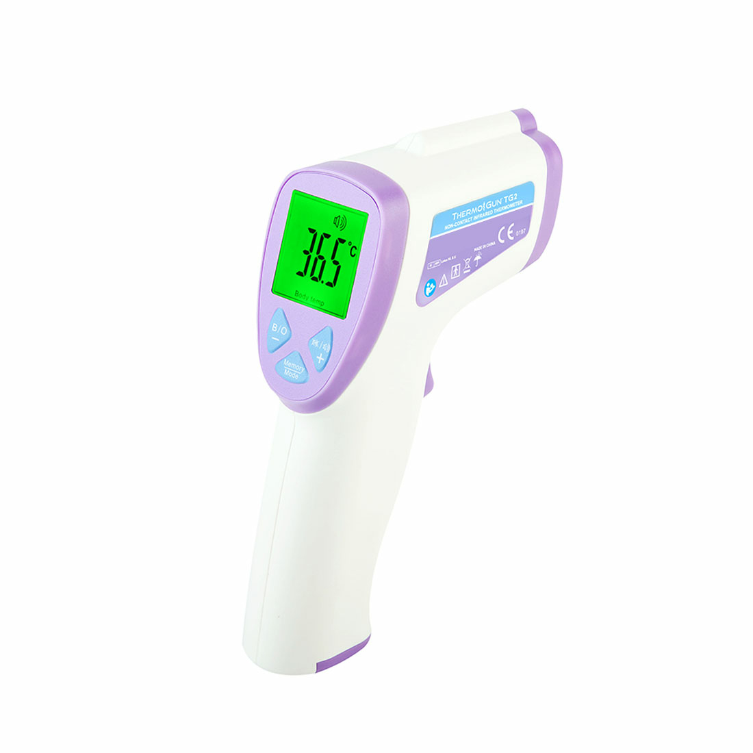 Ein digitales Handthermometer zeigt 36,5 Grad Celsius an.
