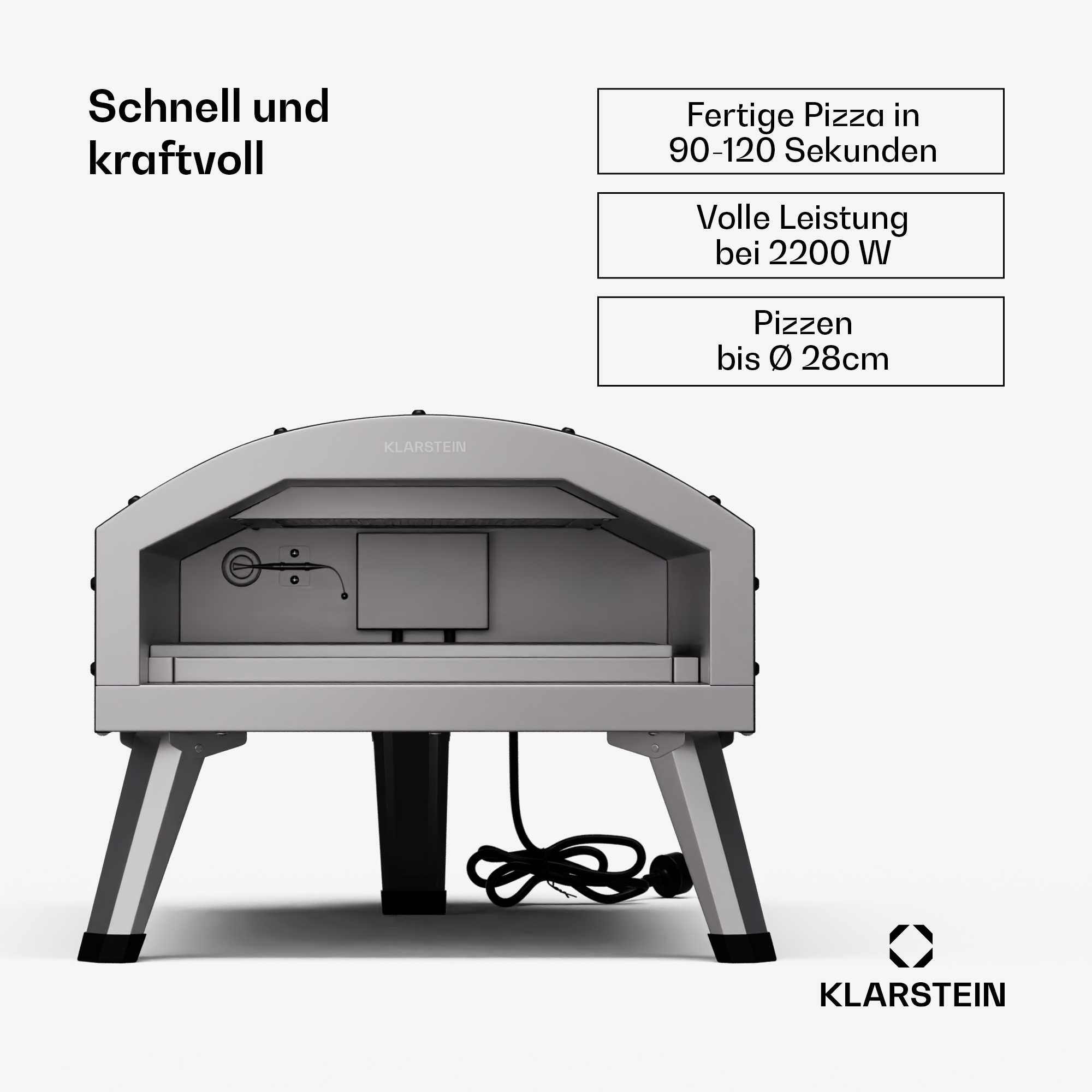 Ein silberner Klarstein Pizzaofen auf weißem Hintergrund. Text zeigt Pizza in 90-120 Sekunden fertig, 2200W Leistung und 28cm Durchmesser Pizzen.