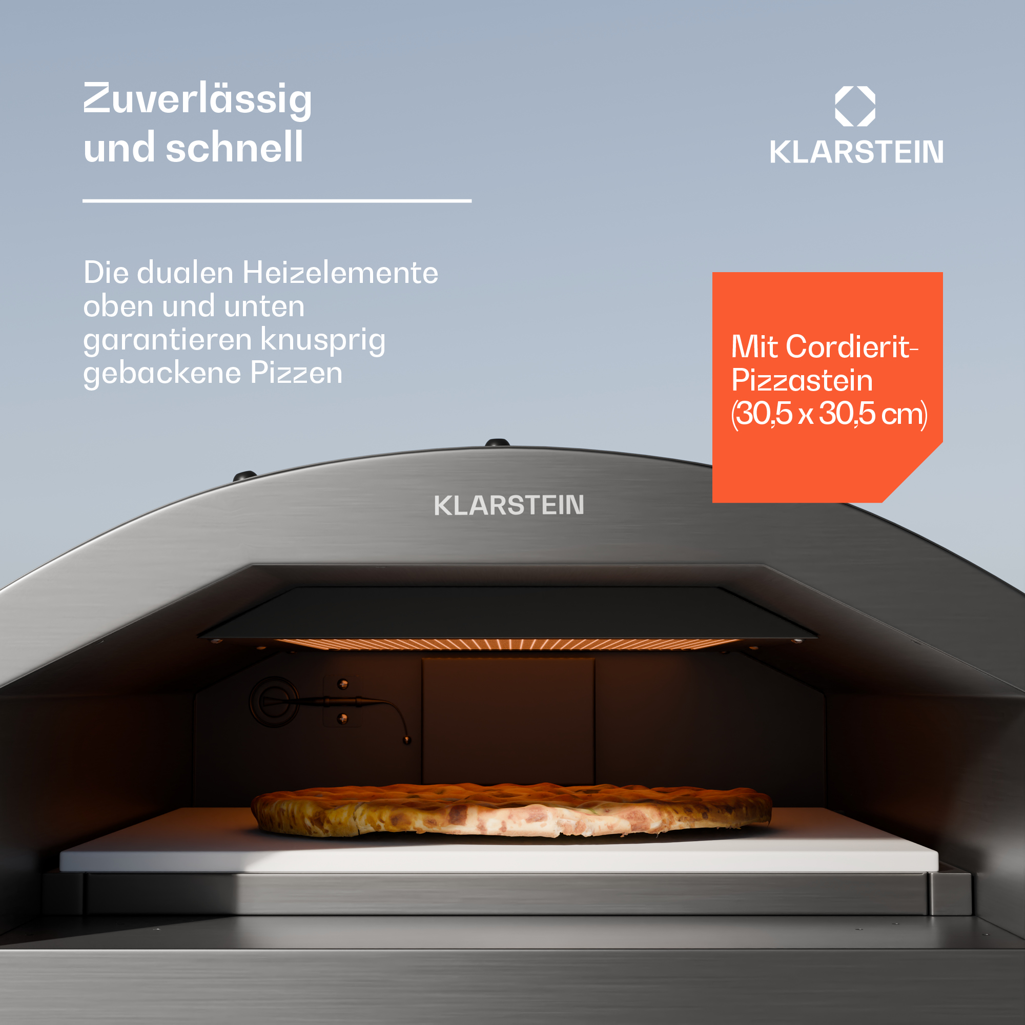 Pizzaofen mit Pizza. Text links. Oranger Textkasten rechts.