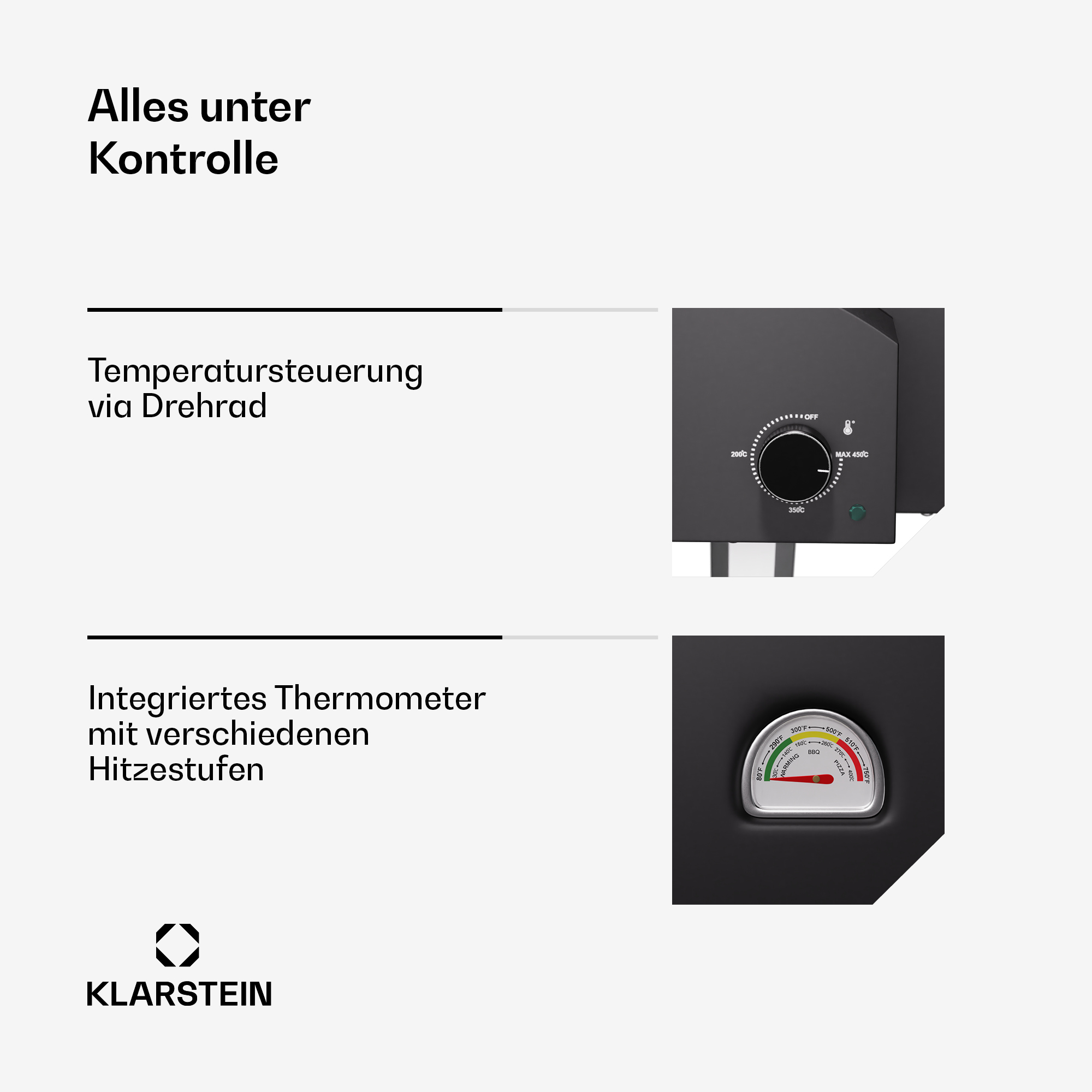 Diagramm eines schwarzen Geräts mit Drehregler und Thermometer zur Temperaturregelung.
