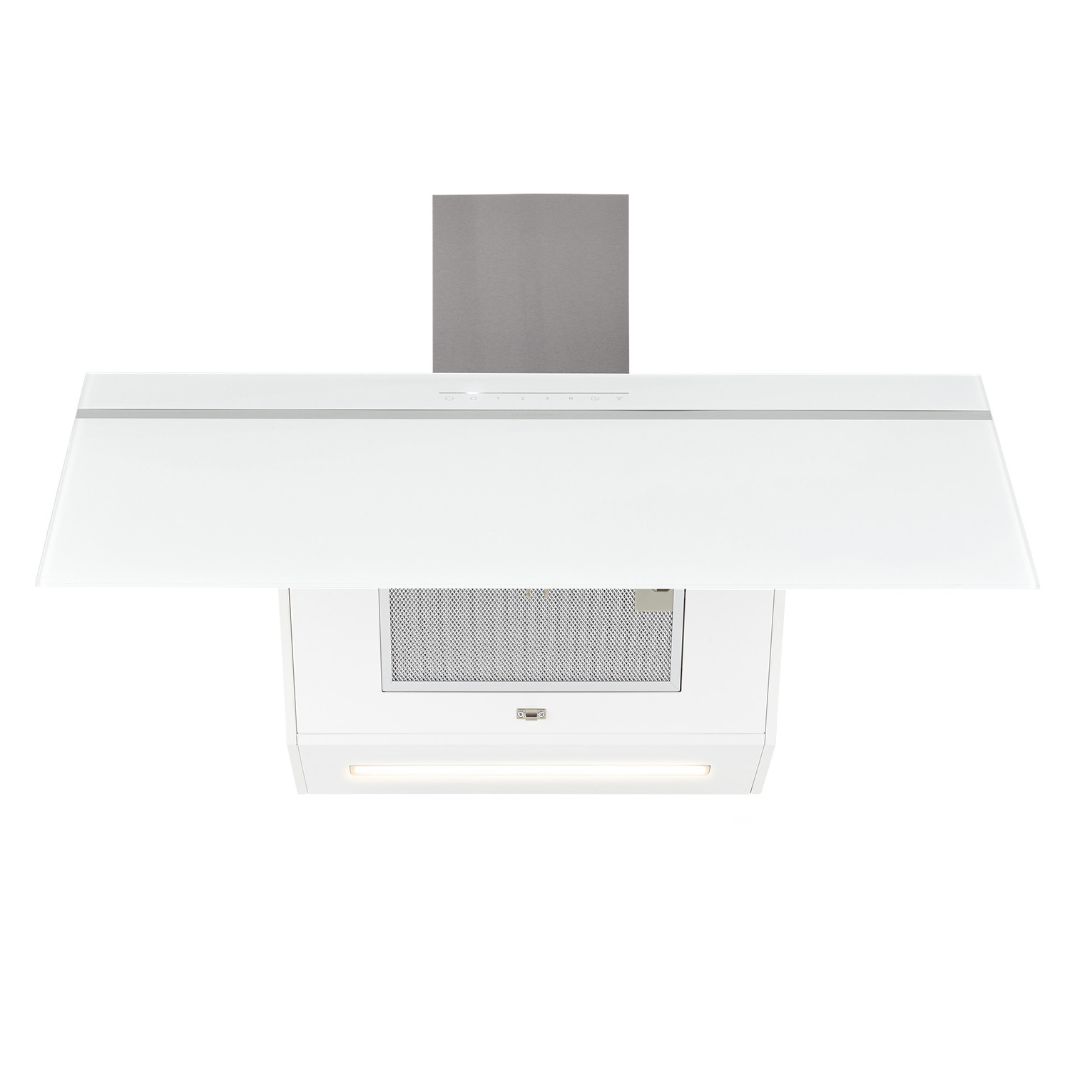 Campana extractora blanca con chimenea de acero inoxidable y fondo blanco.