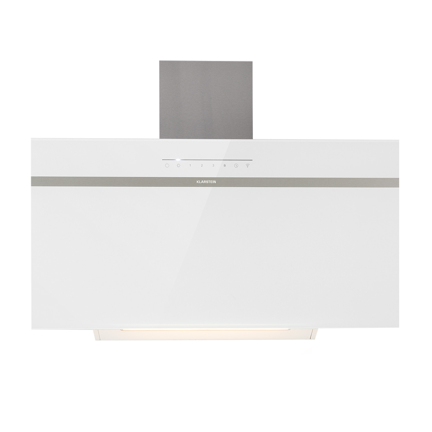 Campana extractora blanca con panel de control y luz. El fondo es blanco.