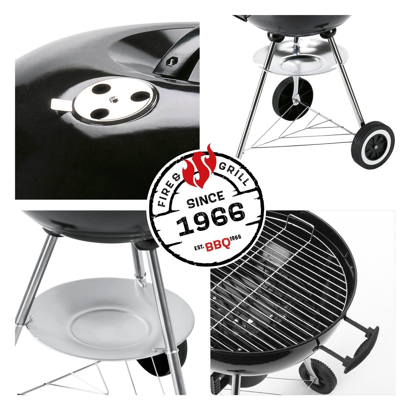 Zbliżenie czarnego grilla BBQ ze szczegółami, w tym logo marki.