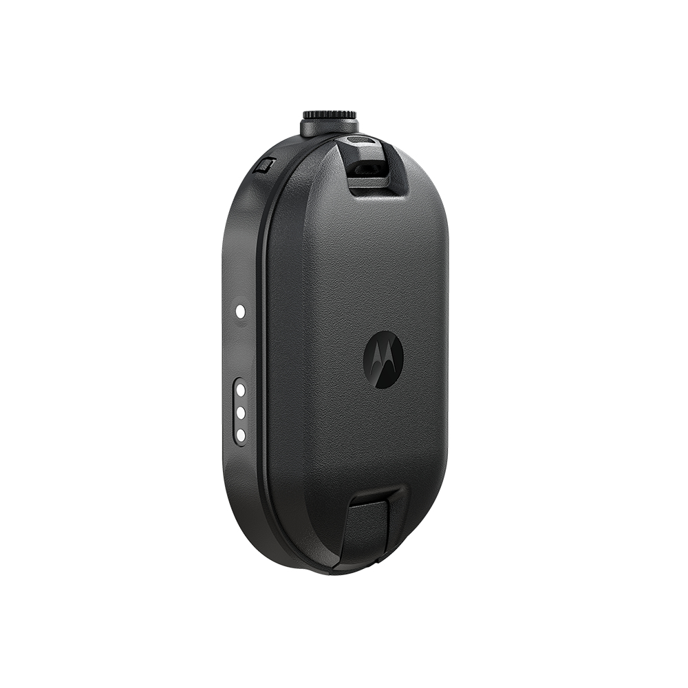 Czarne urządzenie do noszenia Motorola z logo z przodu.