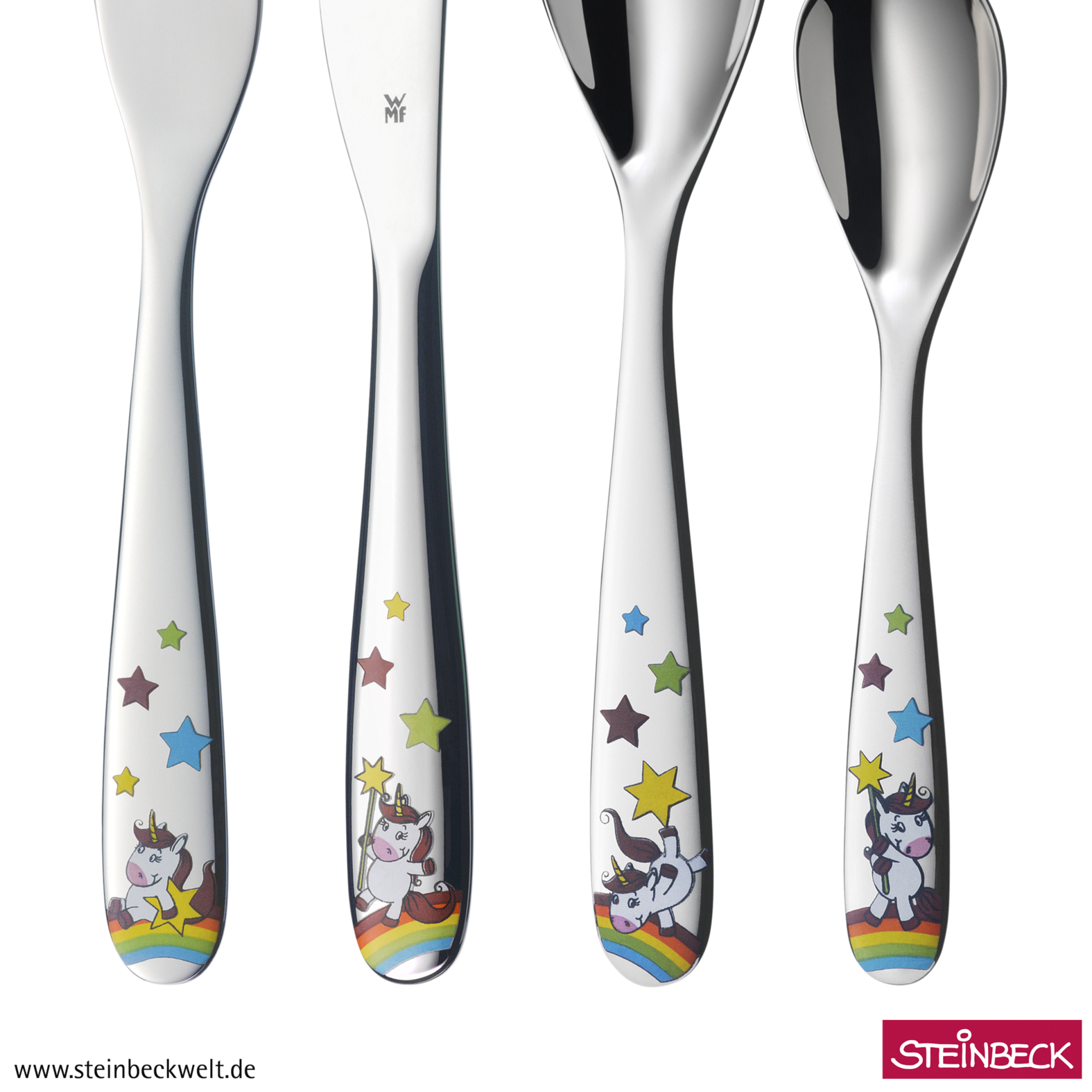 Quattro utensili per bambini in acciaio inossidabile con disegni di unicorno e arcobaleno.
