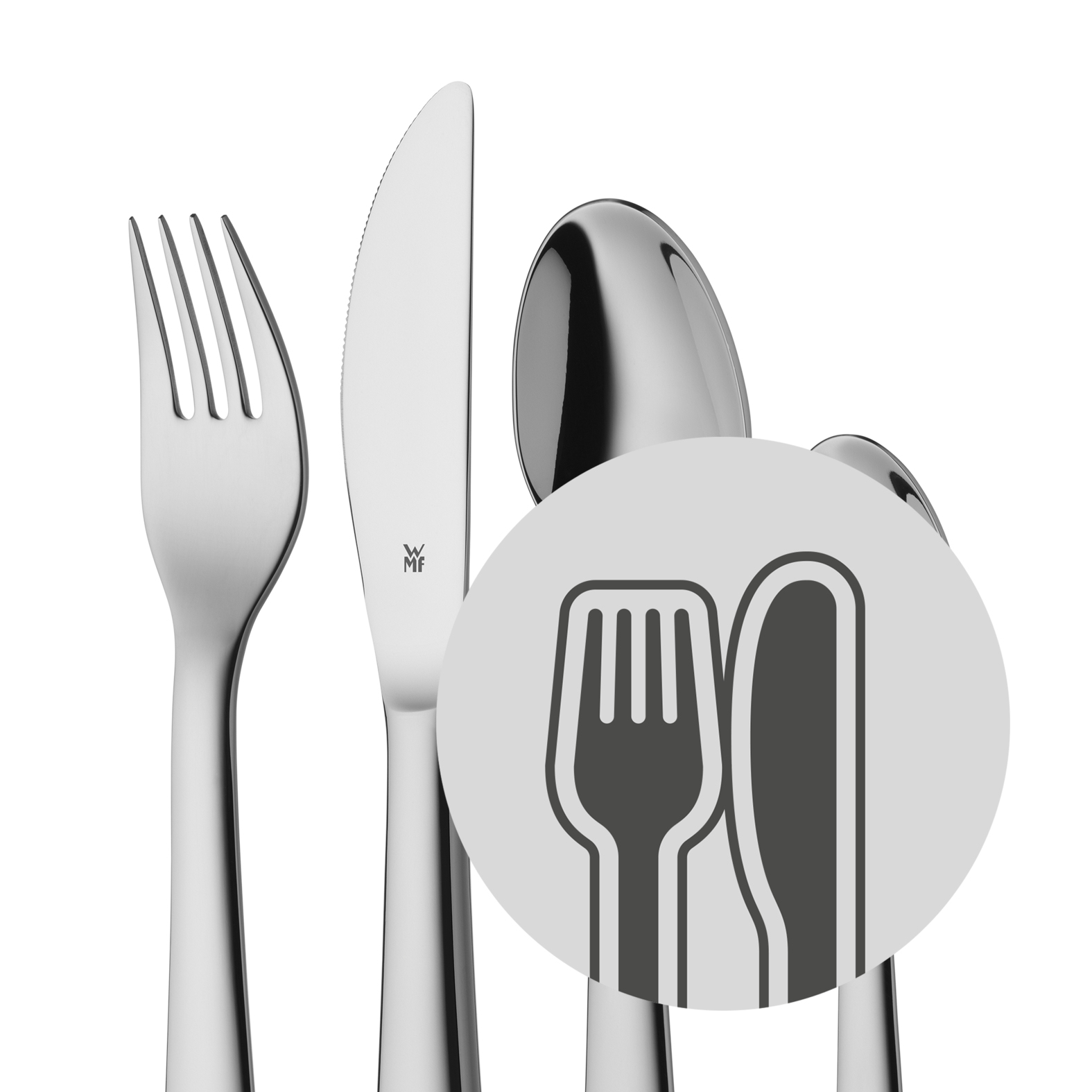 Silbernes Besteckset: Gabel, Messer und Löffel. Ein Kreis zeigt Gabel und Messer.