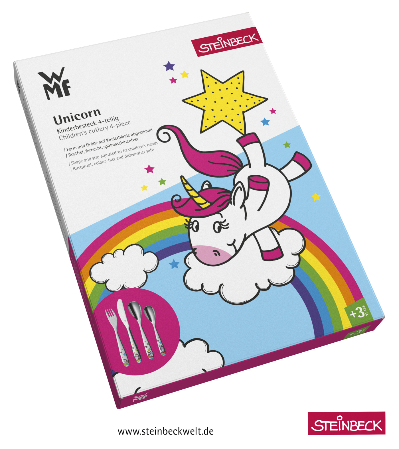 Scatola con un unicorno dei cartoni animati su un arcobaleno. Testo: Unicorn Kinderbestek 4-teilig.