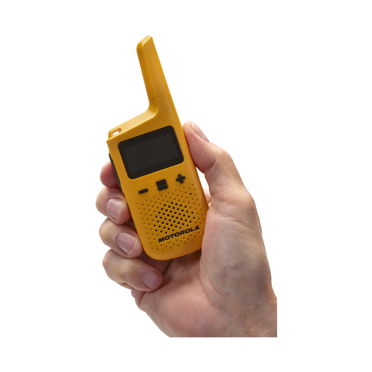 Żółte walkie-talkie Motorola, trzymane w dłoni. Posiada antenę, ekran, przyciski i głośnik.