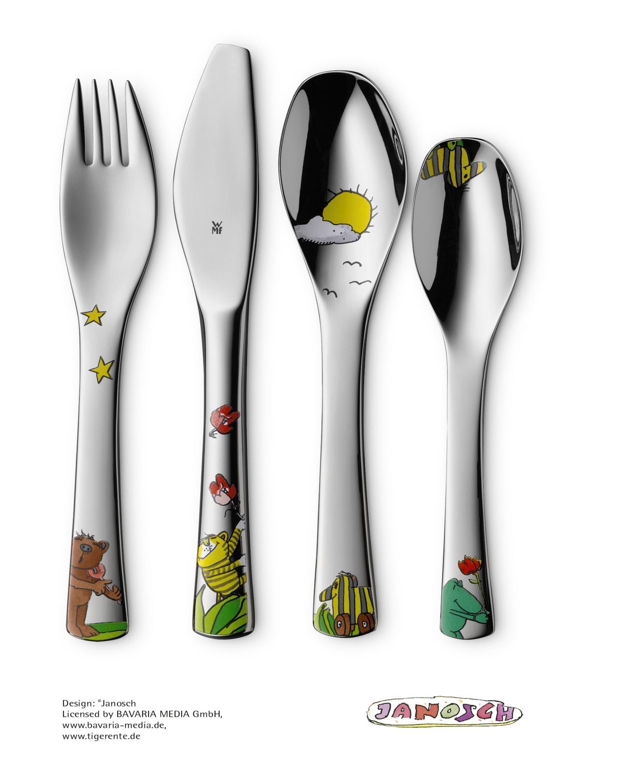 Vier Teile Kinderbesteck mit bunten Illustrationen. Eine Gabel, ein Messer, ein Löffel und ein Teelöffel mit Tierdesigns.