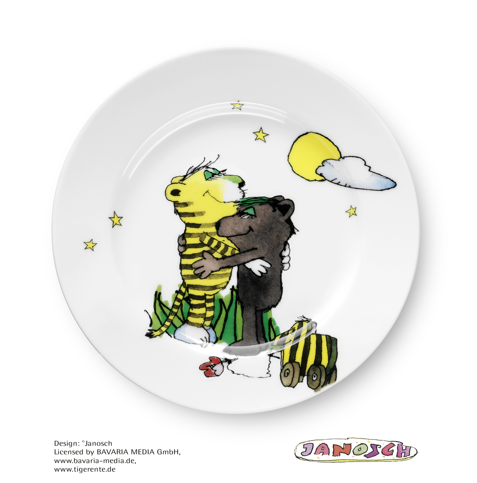 Ein weißer Teller mit einem Cartoon von einem Tiger und einem Bären, die sich umarmen.