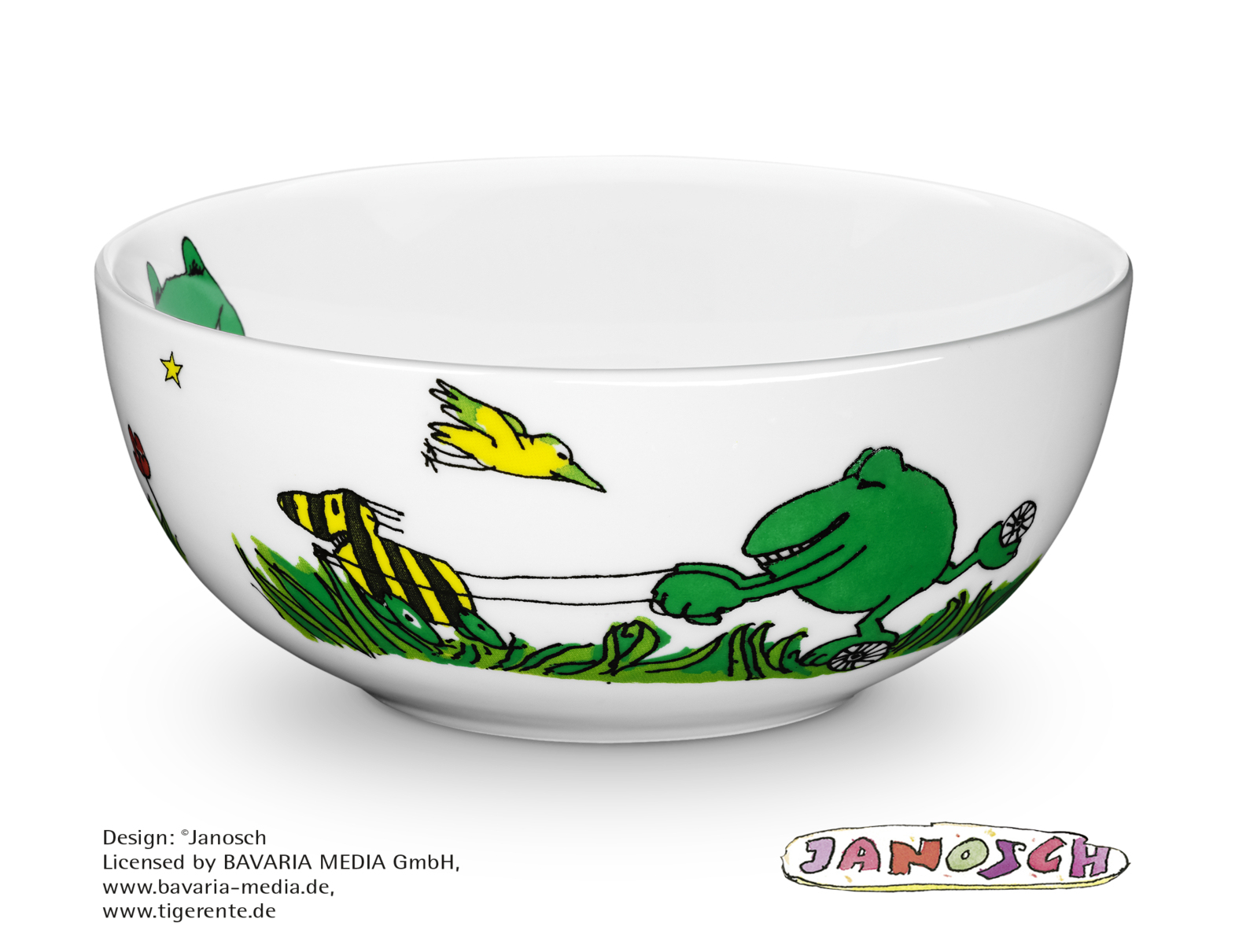 Weiße Schüssel mit einem Cartoon-Frosch, der ein Zebra zieht, einen gelben Vogel und andere Figuren.