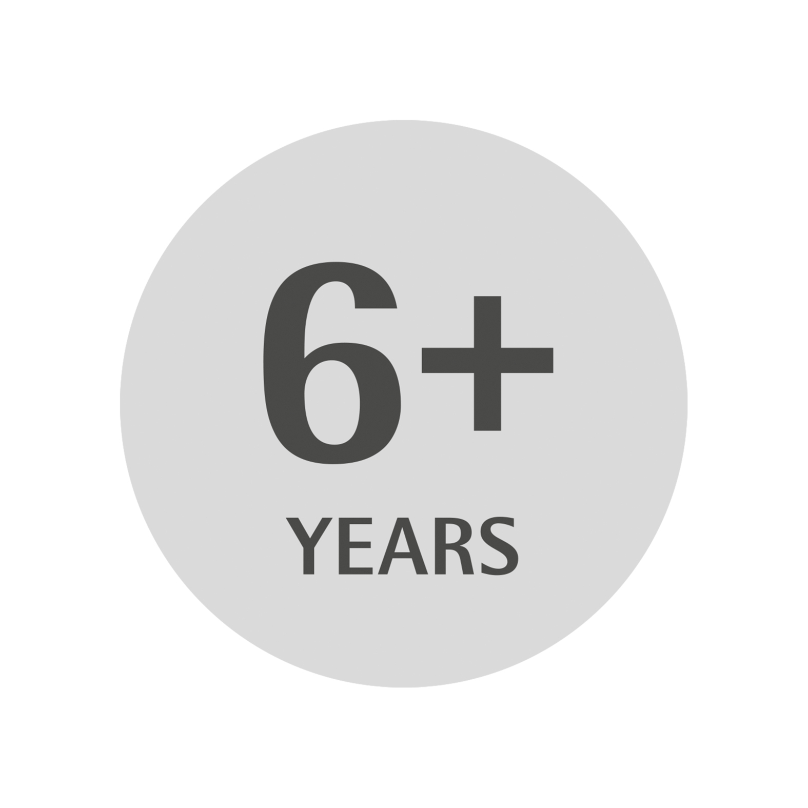 Un cerchio grigio con il numero 6+ e la parola ANNI.