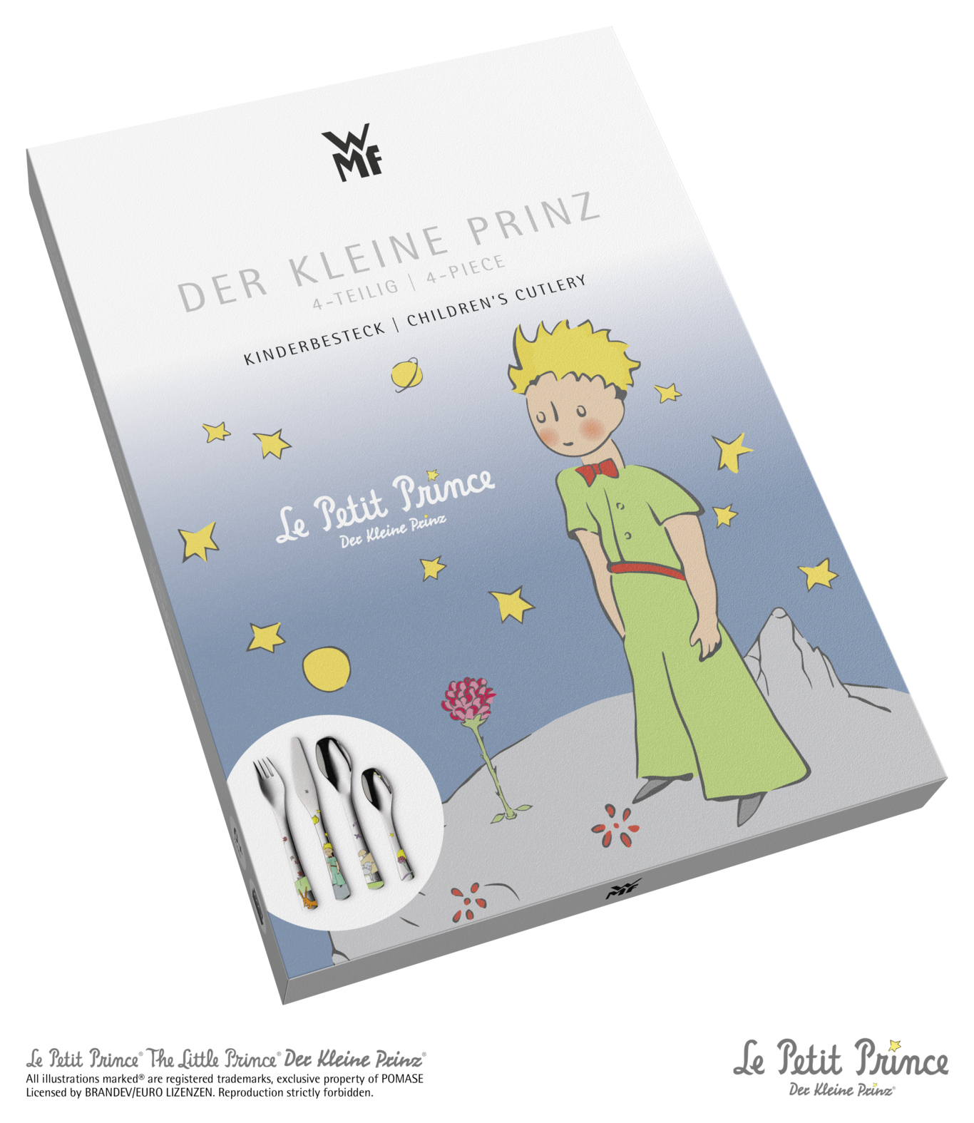 Un set di posate per bambini con l'illustrazione del Piccolo Principe.