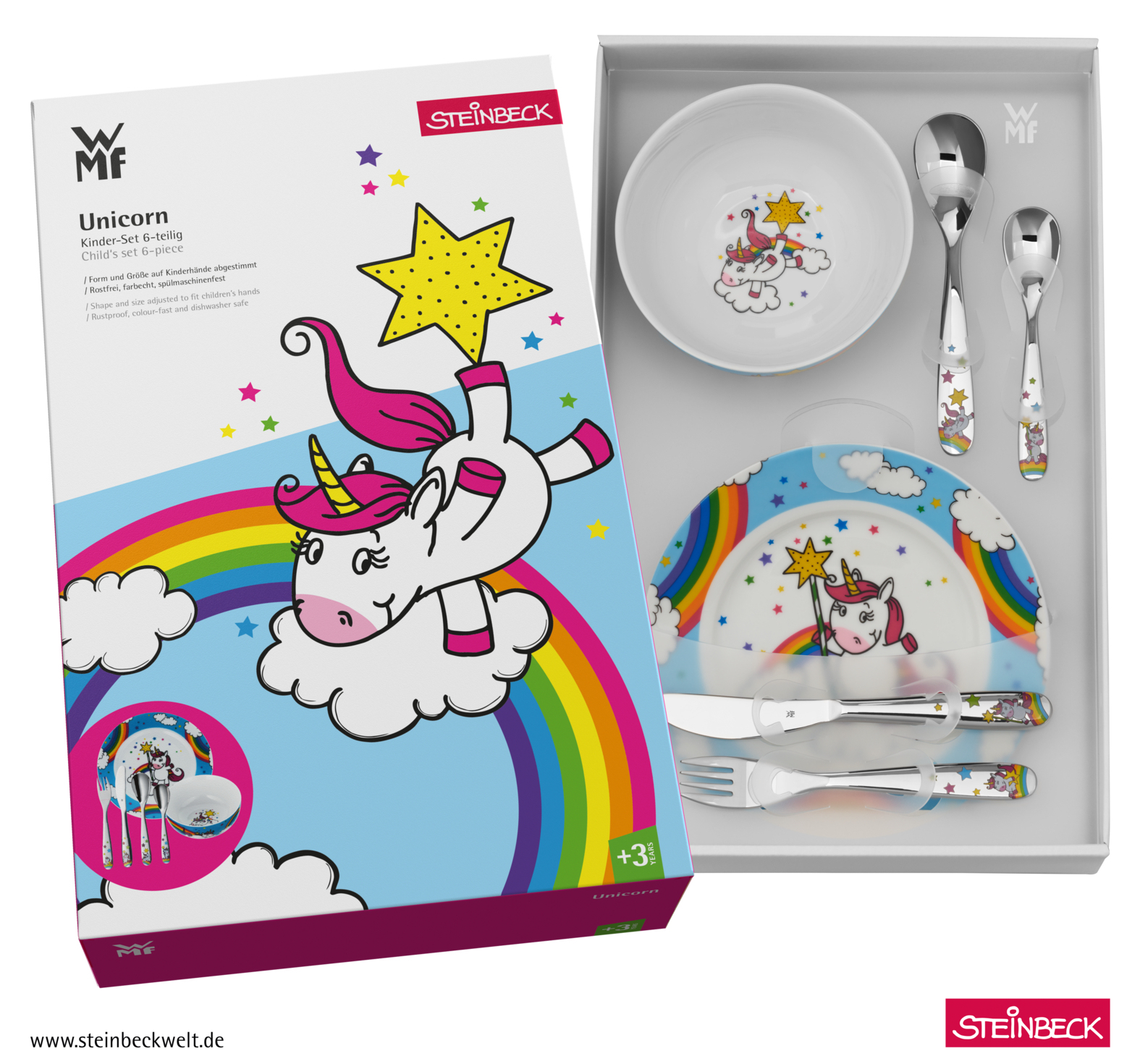 Un set di stoviglie per bambini a tema unicorno, tra cui piatto, ciotola e posate.