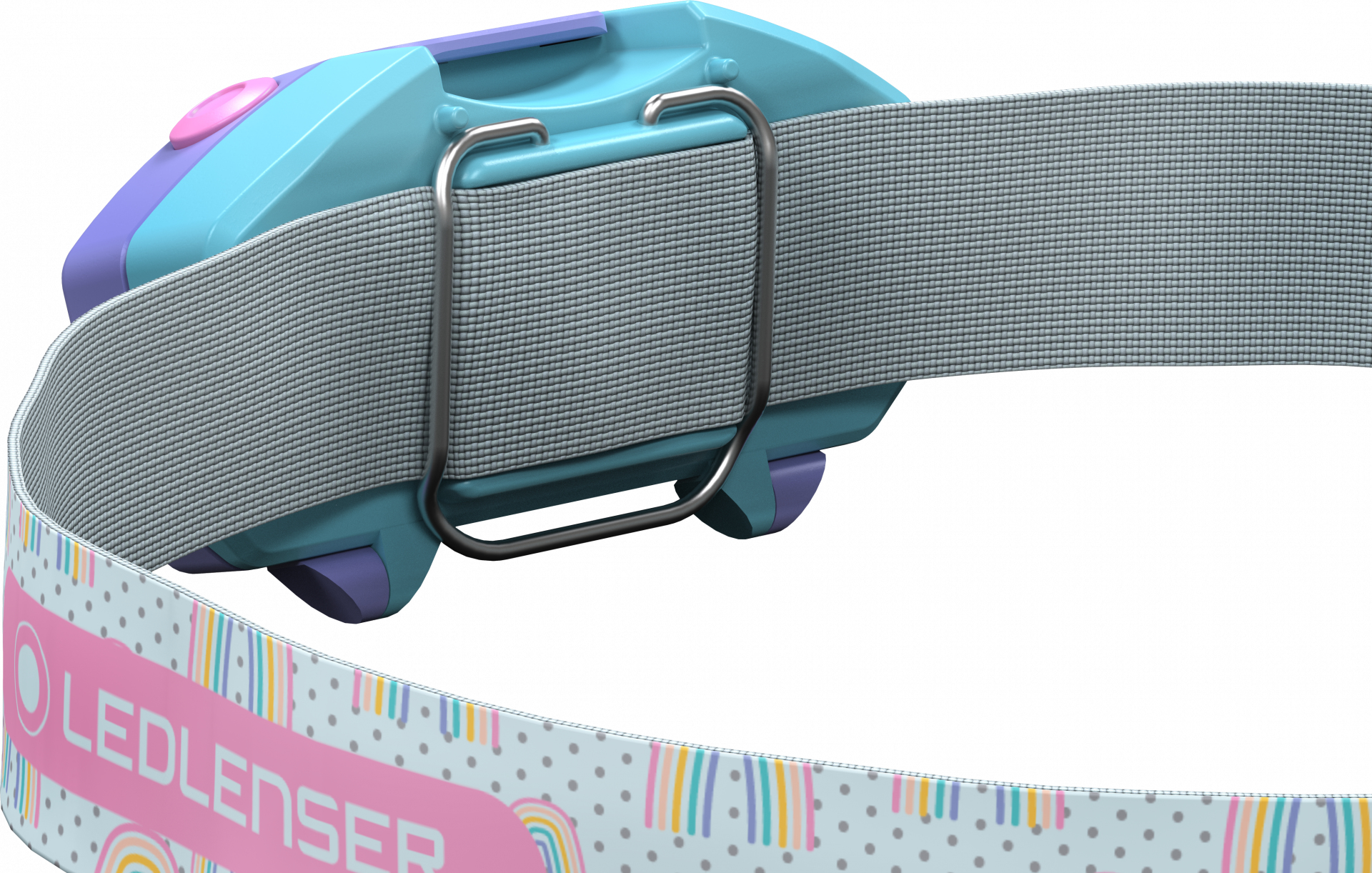 Latarka czołowa z szarym paskiem, kolorowy wzór na pasku.