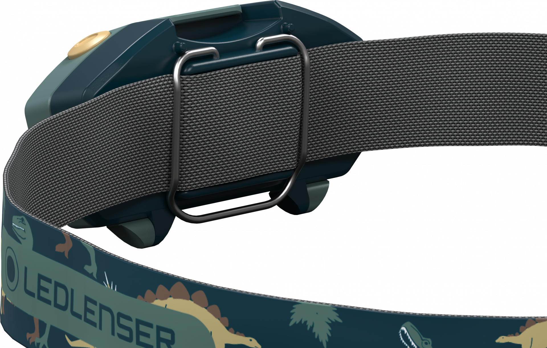 Czołówka z paskiem i wzorem dinozaura, metalowy klips. Tło jest białe.