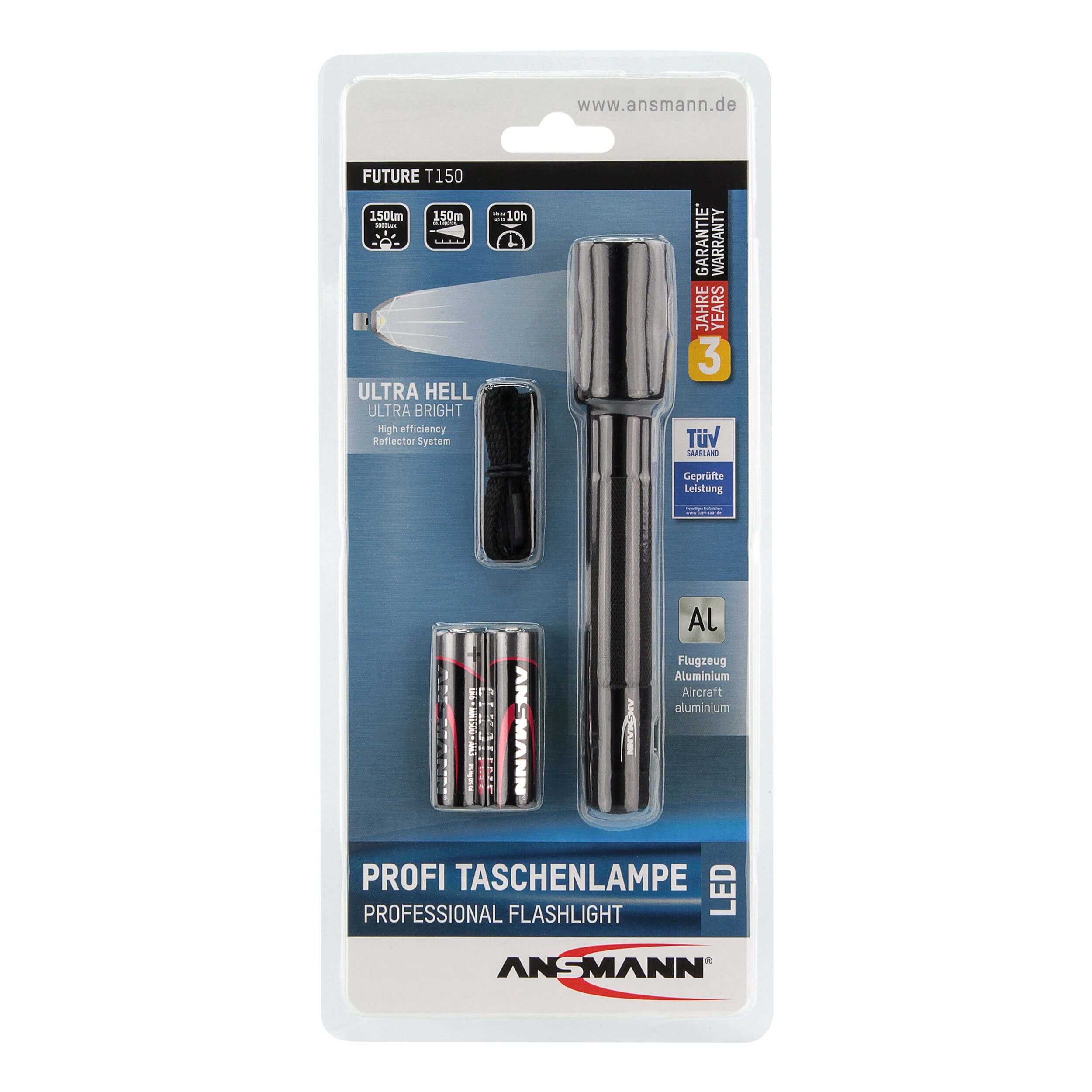 Opakowanie latarki z latarką, bateriami i akcesoriami na białym tle.