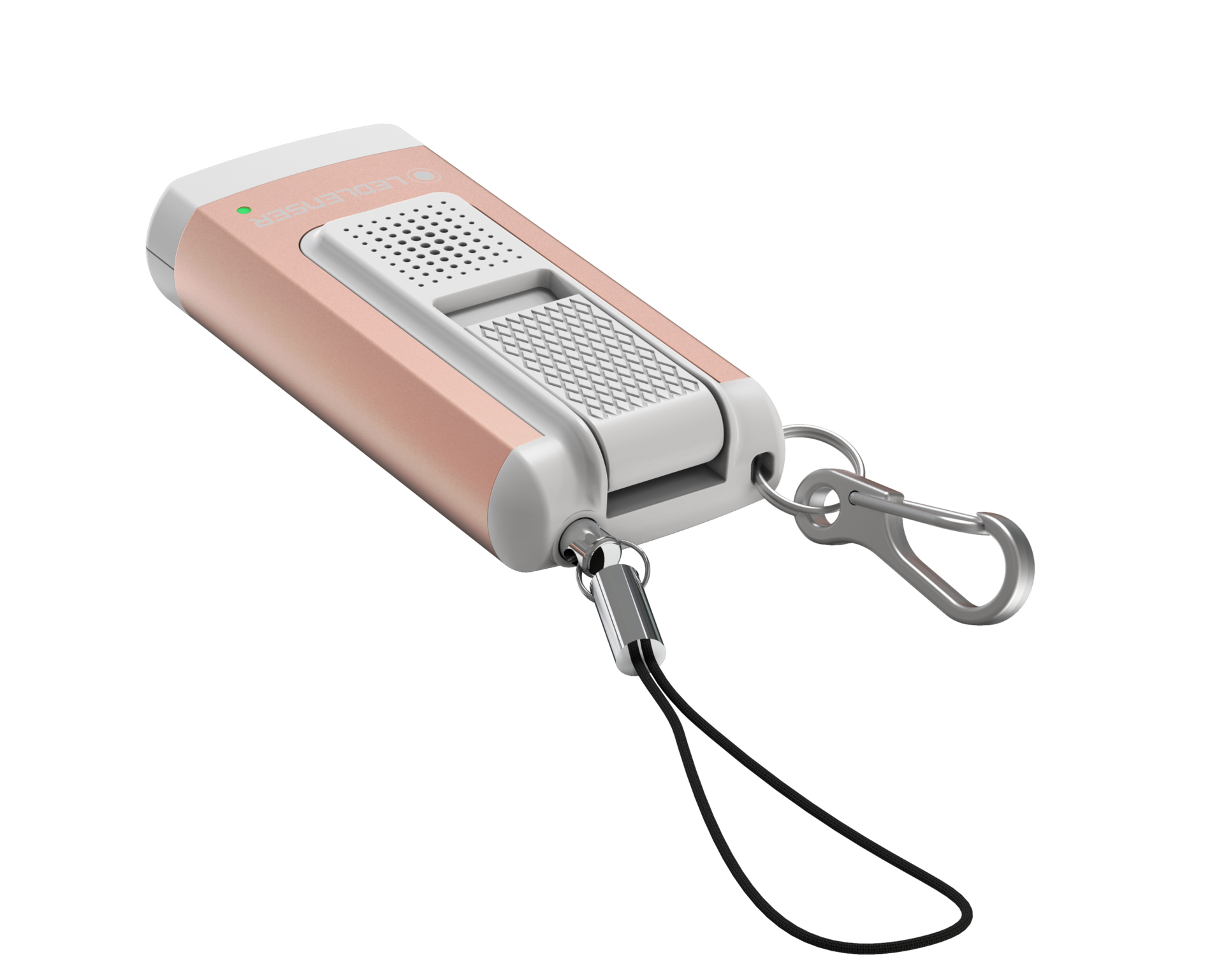 Latarka w kolorze różowego złota i bieli ze smyczą. Dołączony jest srebrny karabińczyk.