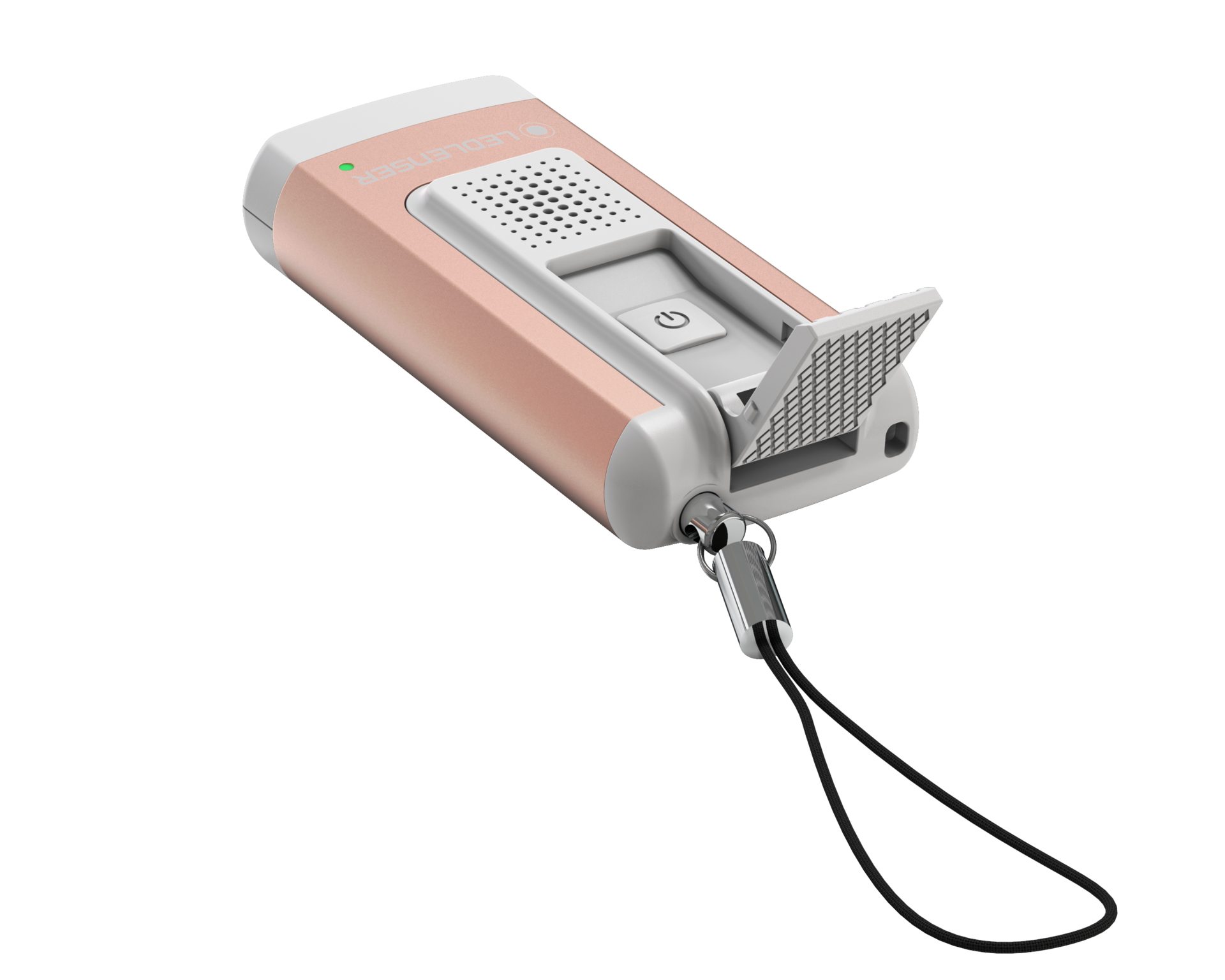 Latarka w kolorze różowego złota z czarnym paskiem i przyciskiem z boku.