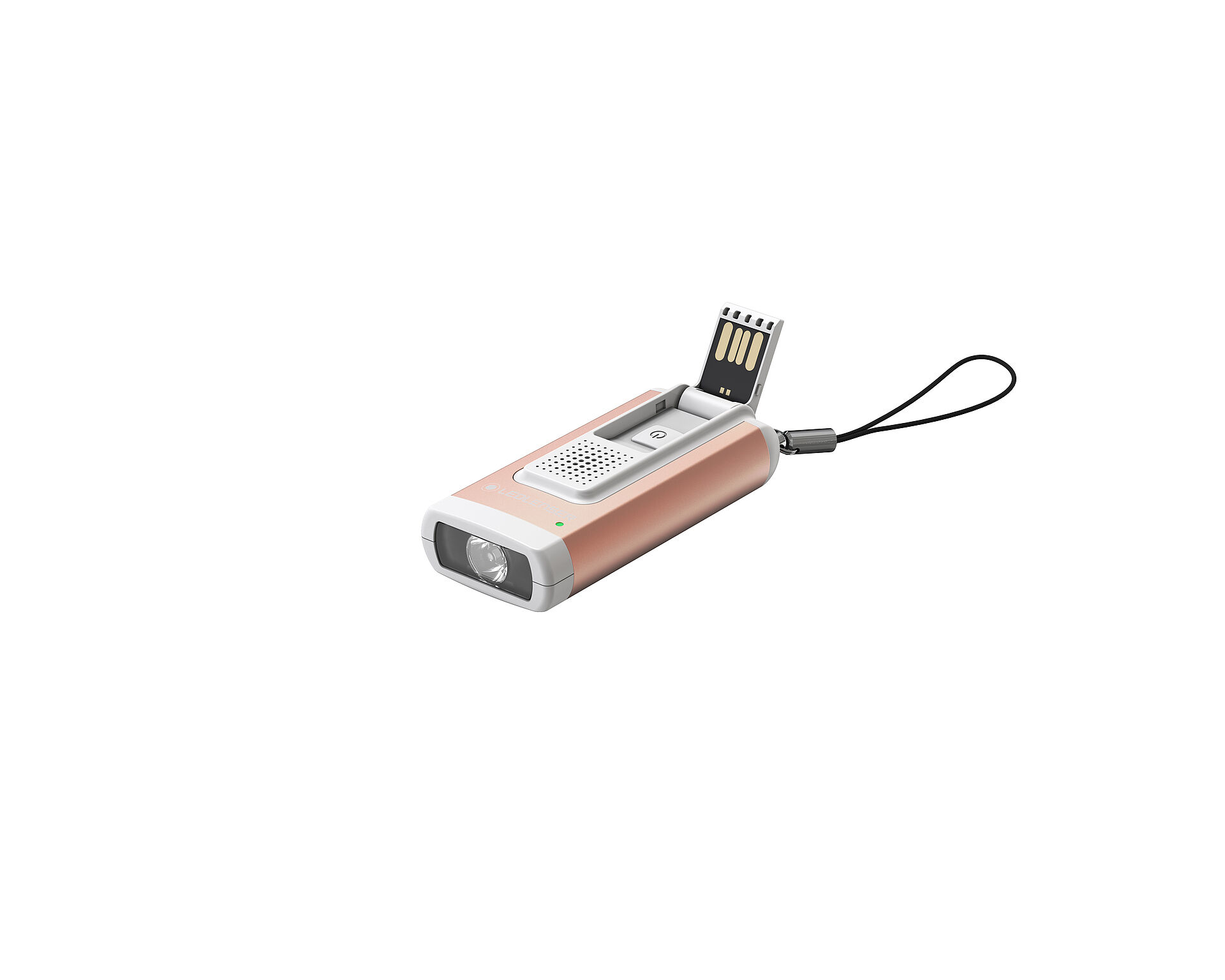 Różowo-złota i biała przenośna ładowarka ze złączem USB i małym światłem.