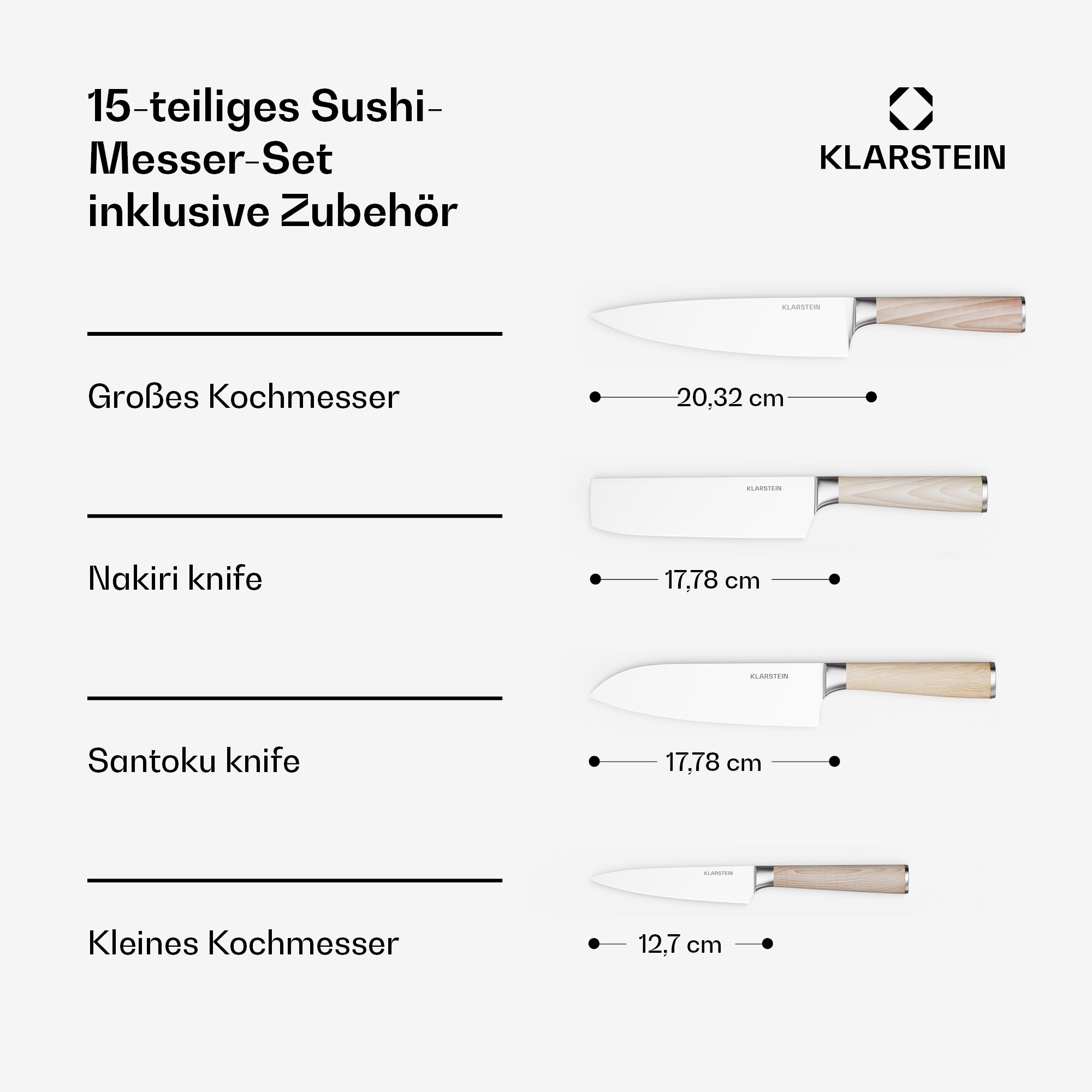 Sushi-Messerset mit Holzgriffen auf weißem Hintergrund mit schwarzem Text.