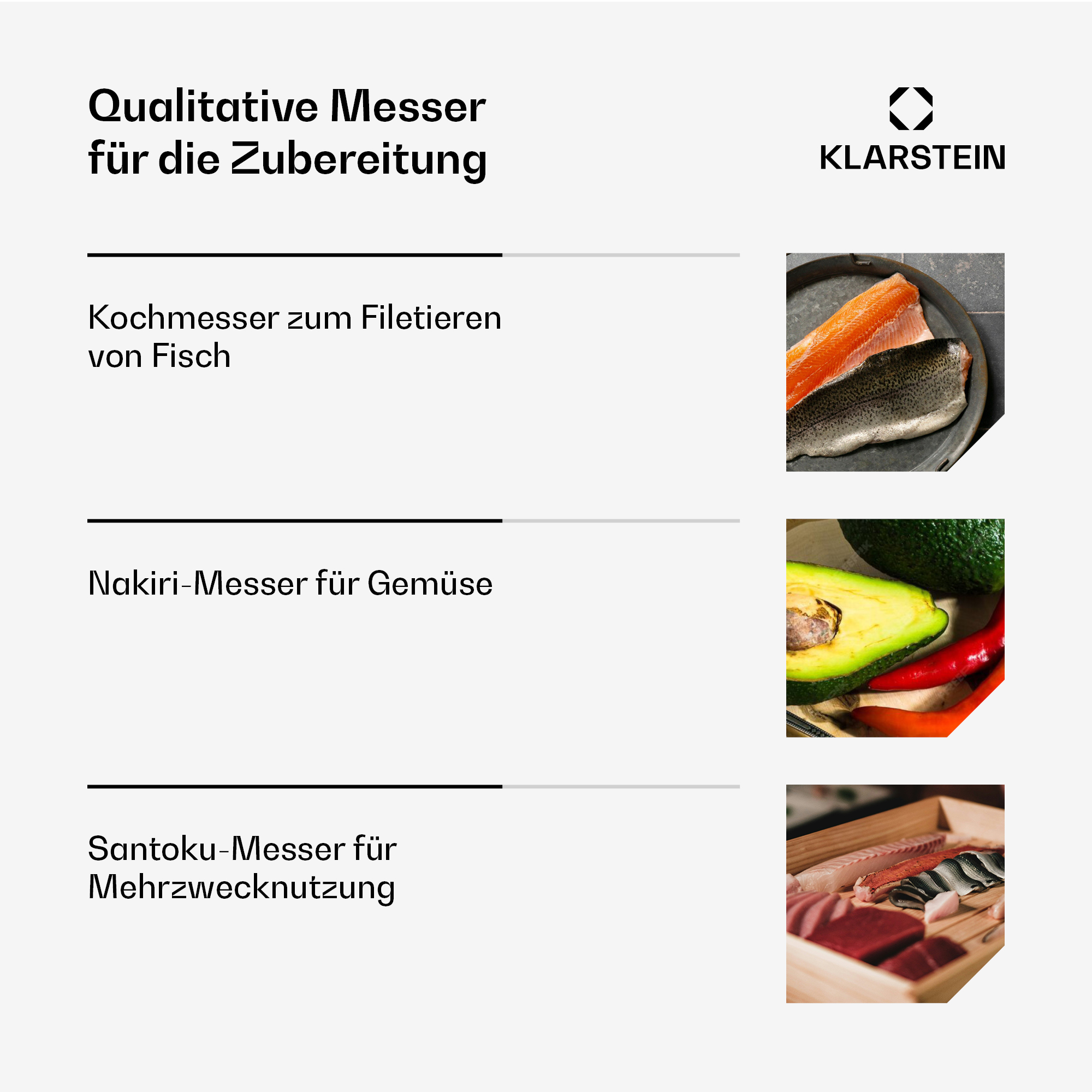 Bilder von Messern und zubereiteten Speisen auf weißem Hintergrund.