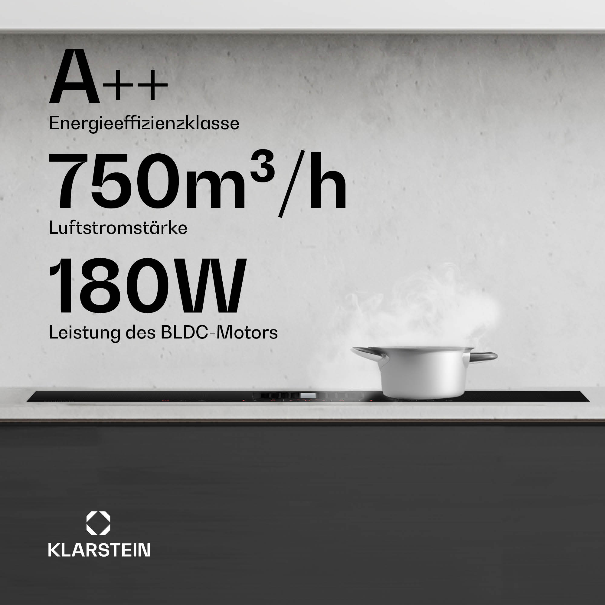 Especificaciones de la placa de inducción Klarstein: A++, flujo de aire de 750m³/h, motor BLDC de 180W. Olla humeando.