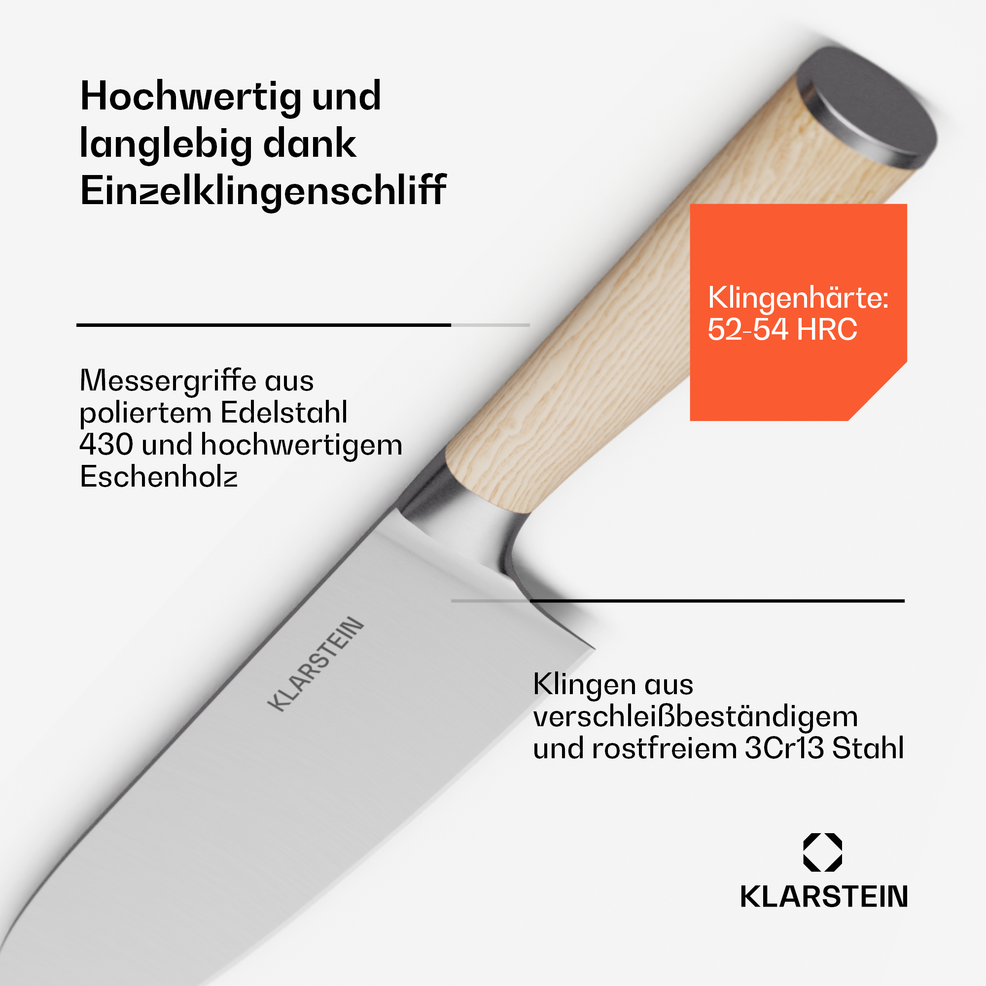 Ein Küchenmesser mit Holzgriff und silberner Klinge. Die Härte der Klinge ist angegeben. Der Hintergrund ist weiß.