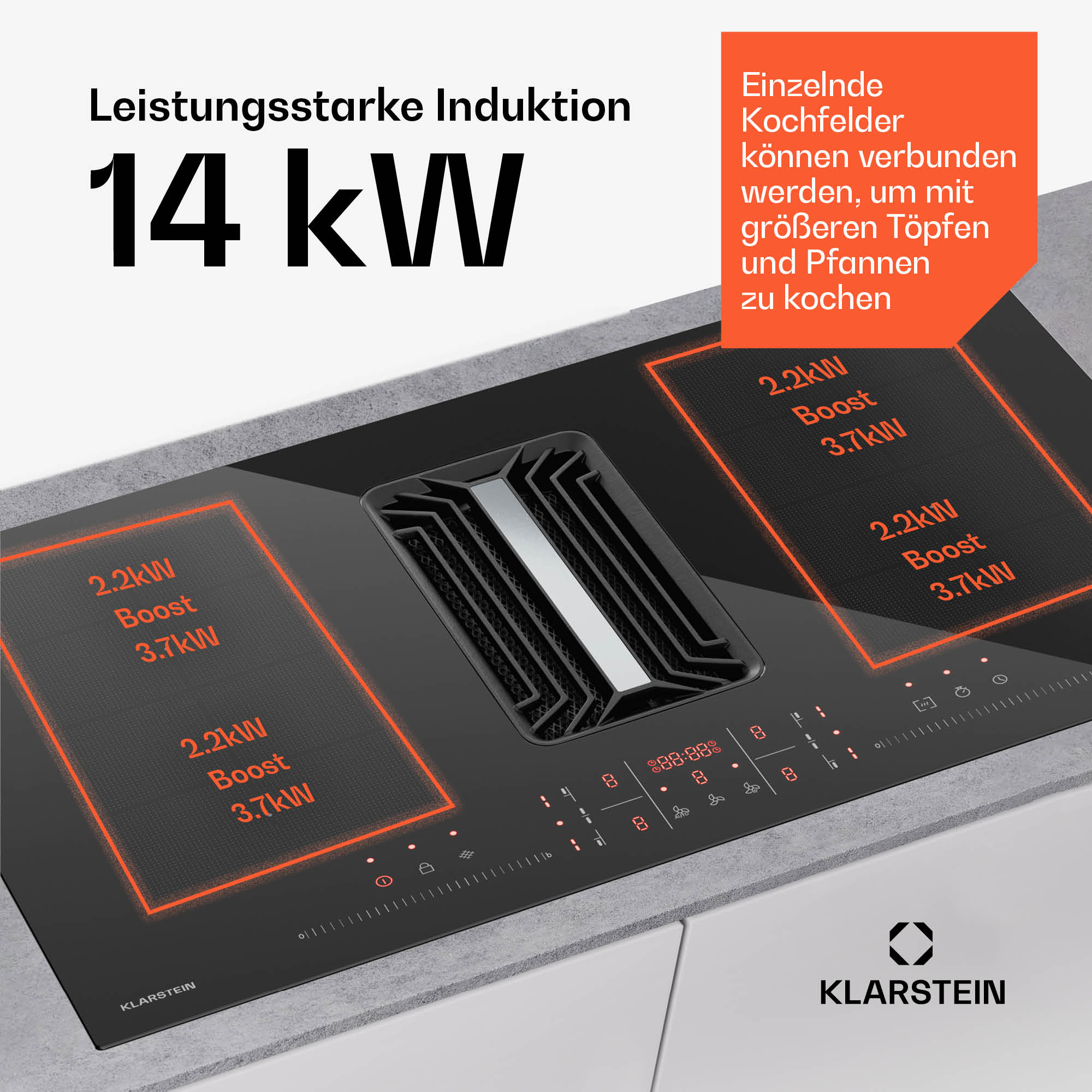 Placa de inducción Klarstein con potencia de 14 kW, con zonas de cocción conectables para utensilios grandes.