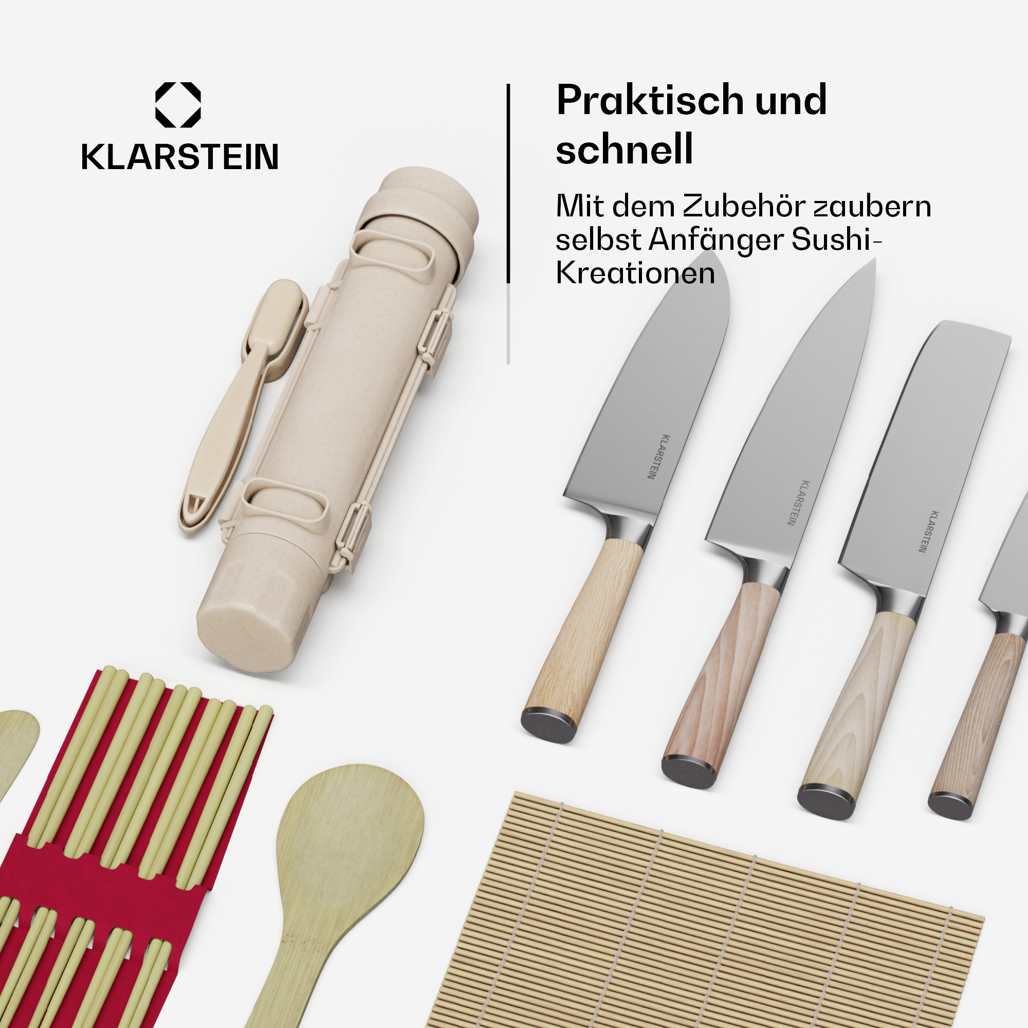 Ein Sushi-Kochset mit Zubehör, einschließlich Messer, Essstäbchen und einer Rollmatte.