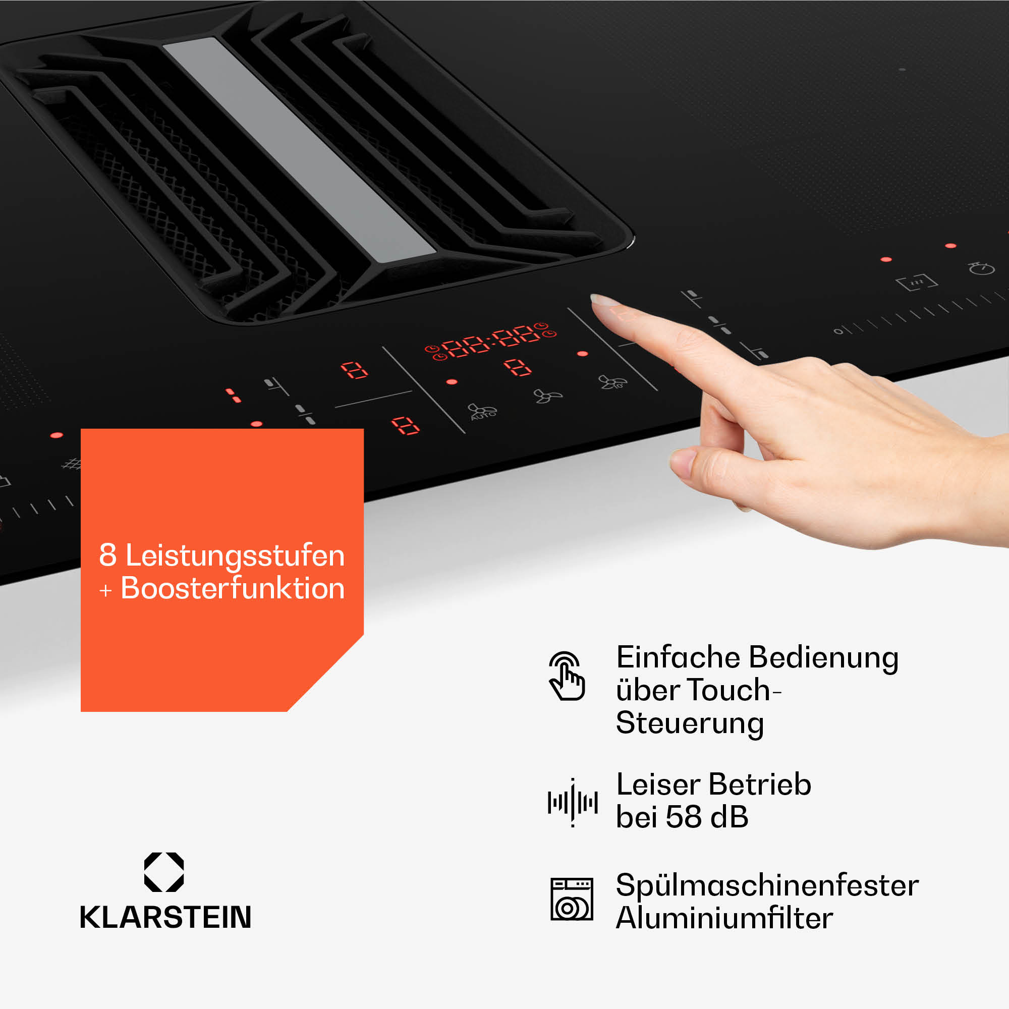 Primer plano del panel táctil de una placa Klarstein, destacando 8 niveles de potencia y función de refuerzo.