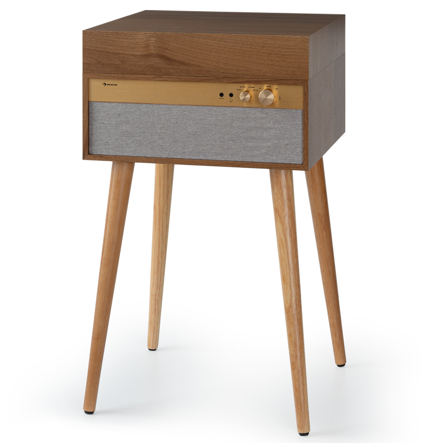 Holz-Beistelltisch mit Lautsprecher, goldenen Akzenten und drei Beinen. Isoliert auf Weiß.