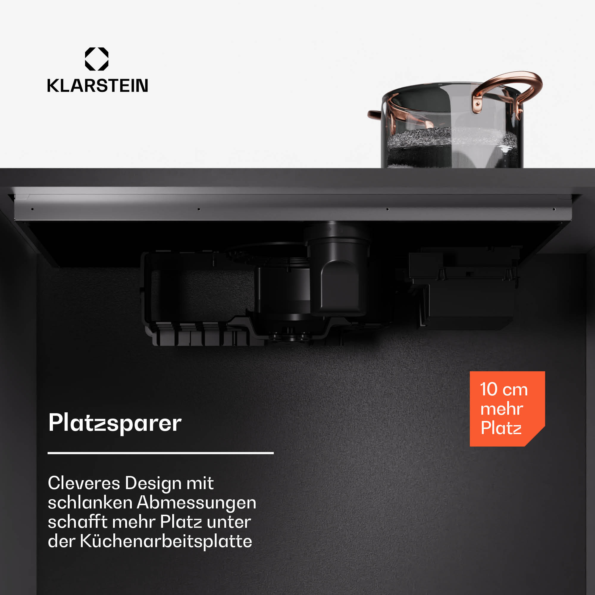 Parte inferior de la placa Klarstein que muestra un diseño compacto para más espacio bajo la encimera.