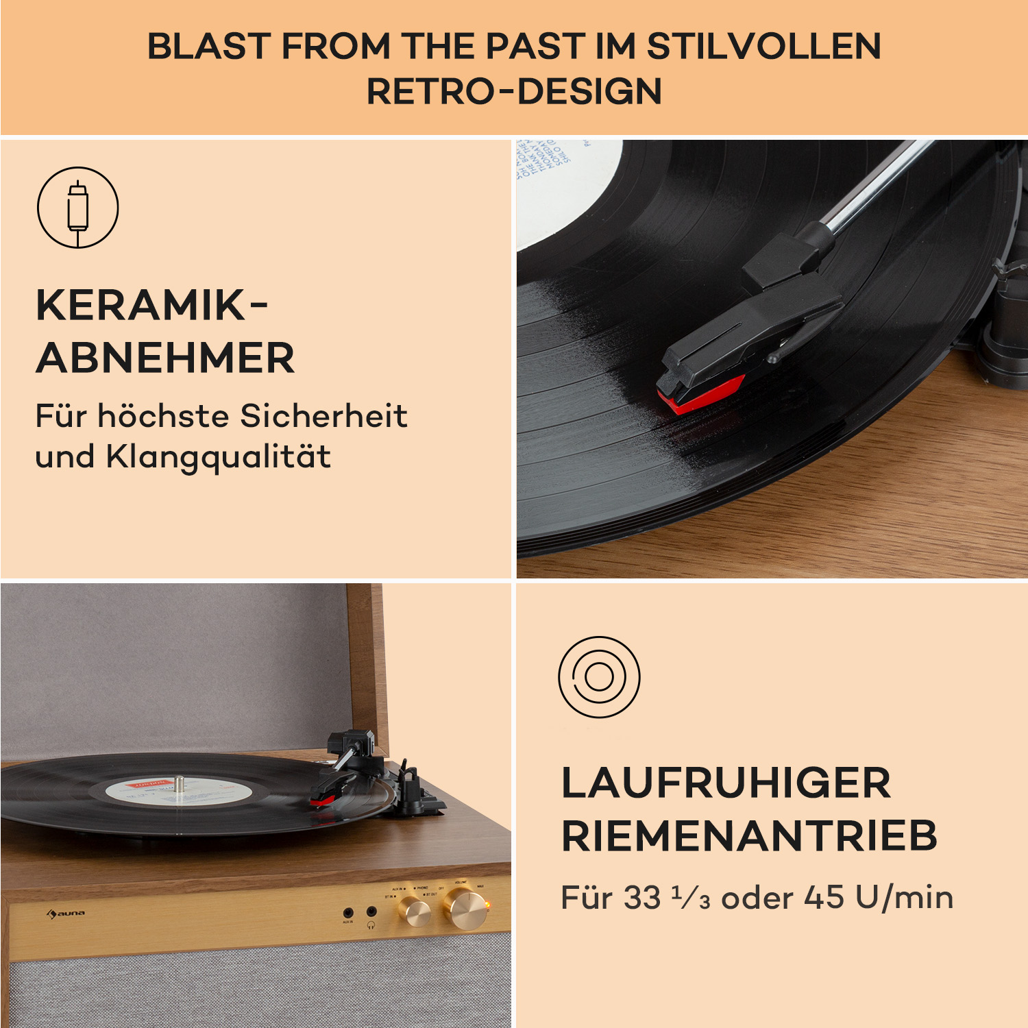 Eine Collage eines Plattenspielers mit einer Schallplatte und Text über seine Funktionen. Nahaufnahmedetails sind vorhanden.