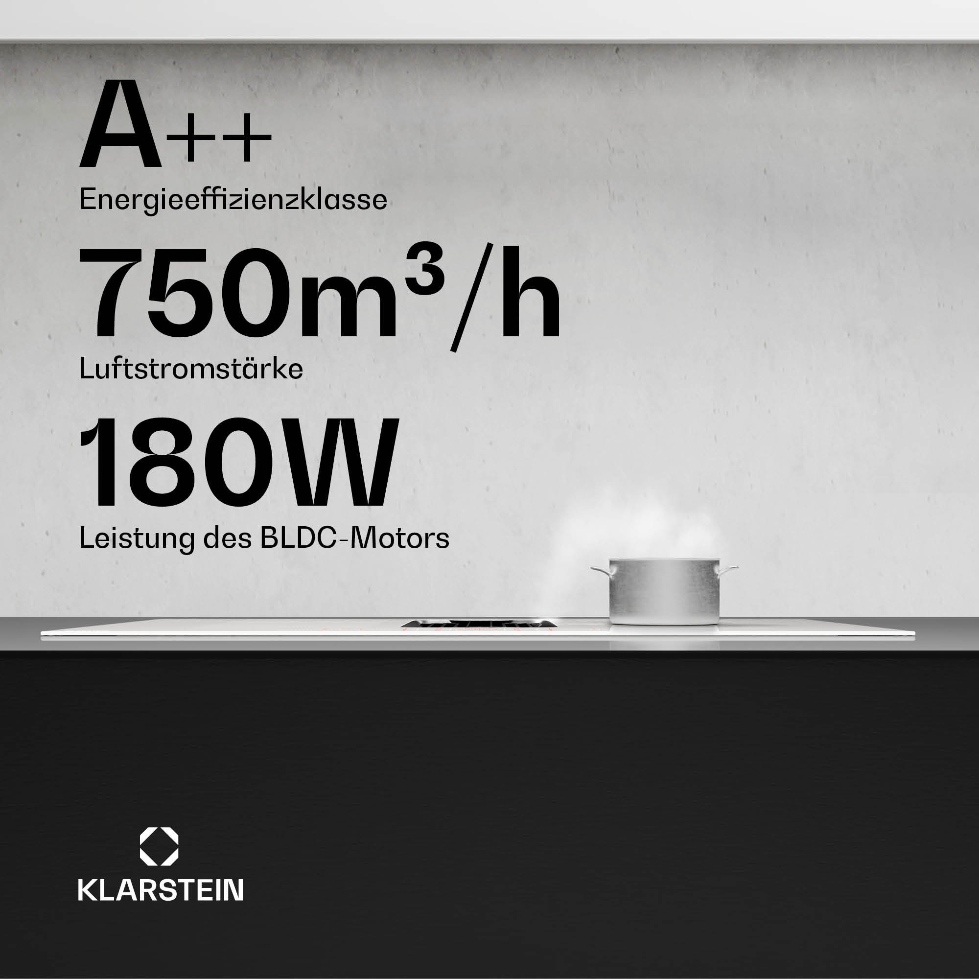 Immagine con testo che mostra l'efficienza energetica e le informazioni sulla potenza di un elettrodomestico, con una pentola.